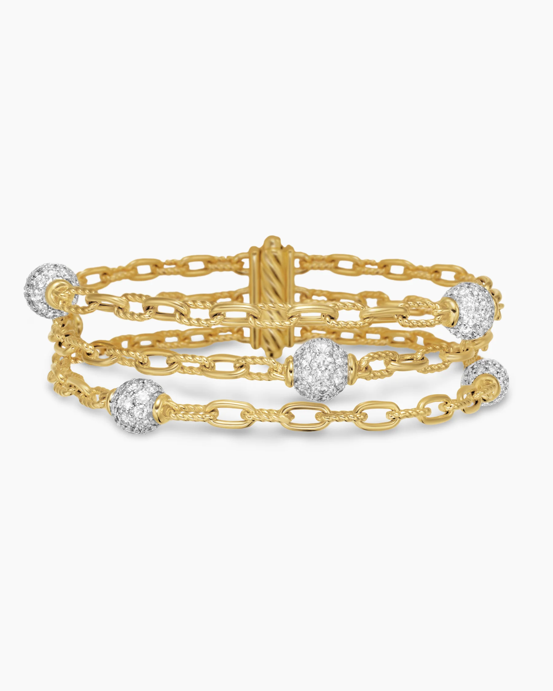 DY Madison® Pavé Bead Multi Row Chain Bracelet in 18K Yellow Gold with Diamonds, 15mm