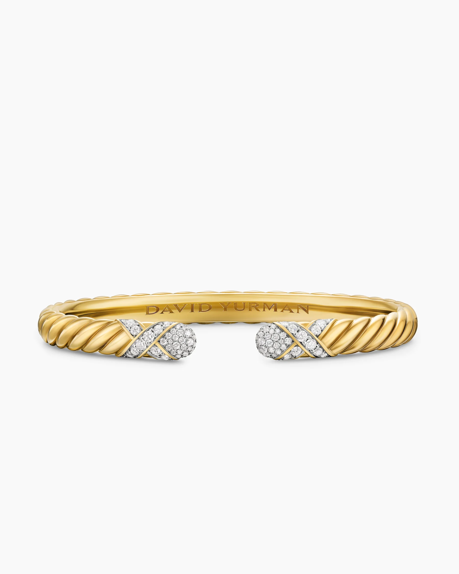 Sculpted Cable X Cuff Bracelet in 18K Yellow Gold with Diamonds, 6.2mm 1 Sculpted Cable X Cuff Bracelet in 18K Yellow Gold with Diamonds, 6.2mm