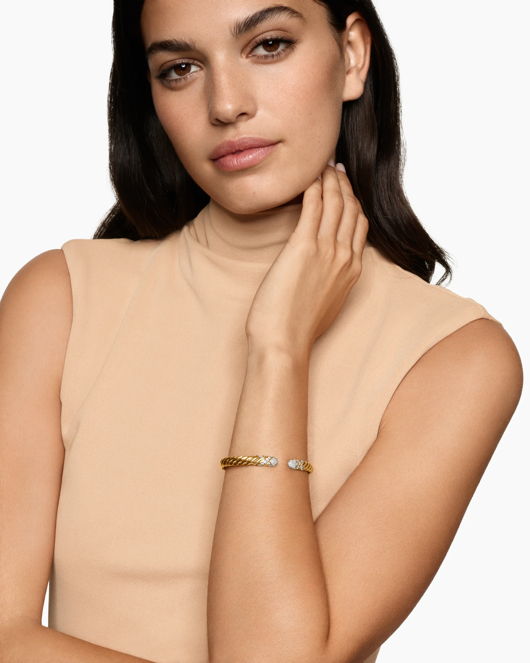 Sculpted Cable X Cuff Bracelet in 18K Yellow Gold with Diamonds, 6.2mm 2 Sculpted Cable X Cuff Bracelet in 18K Yellow Gold with Diamonds, 6.2mm