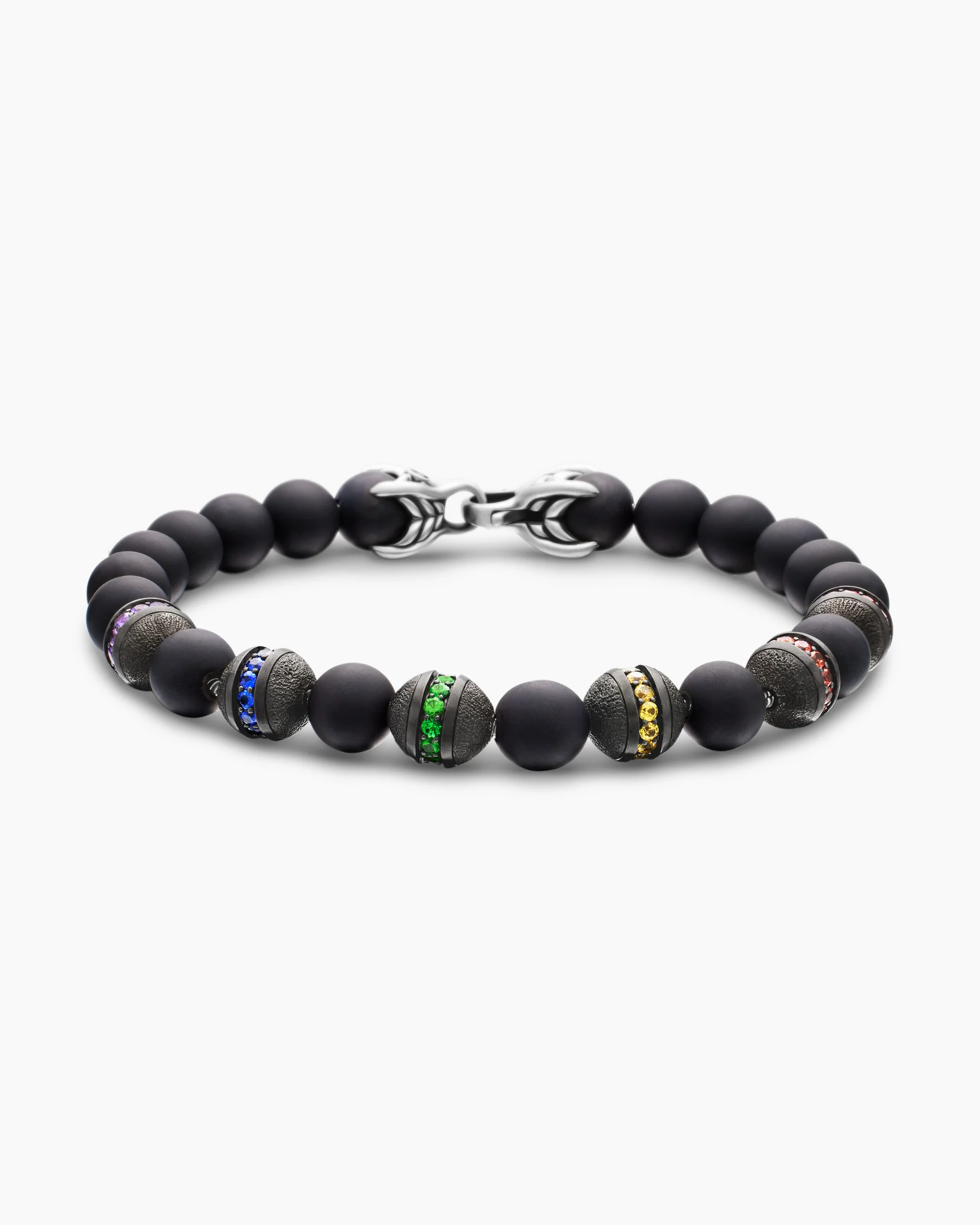 Spiritual Beads Rainbow Bracelet in Sterling Silver with Black Onyx, Sapphires and Tsavorites, 8mm