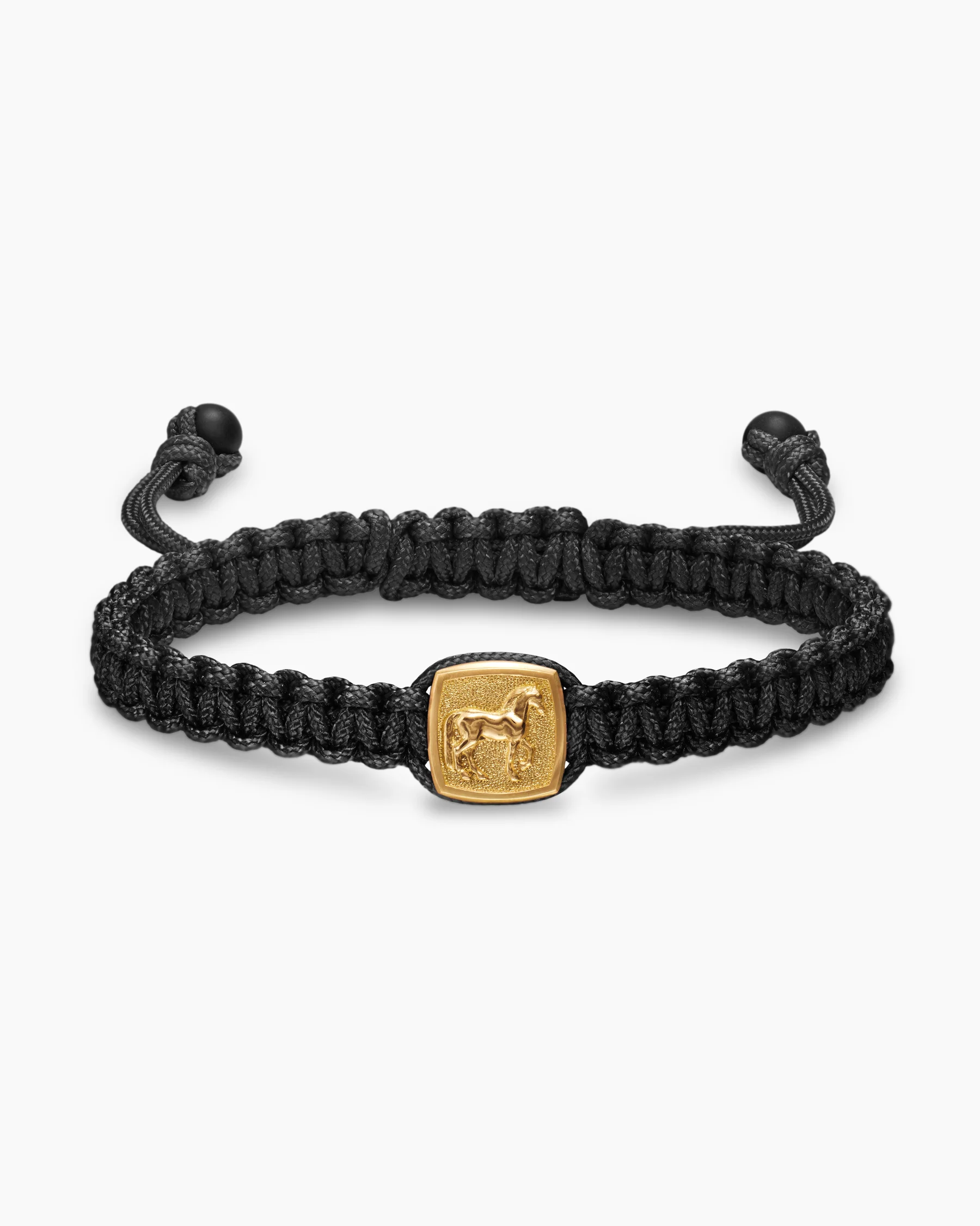 Petrvs® Horse Black Nylon Woven Station Bracelet in 18K Yellow Gold with Black Onyx, 11.9mm