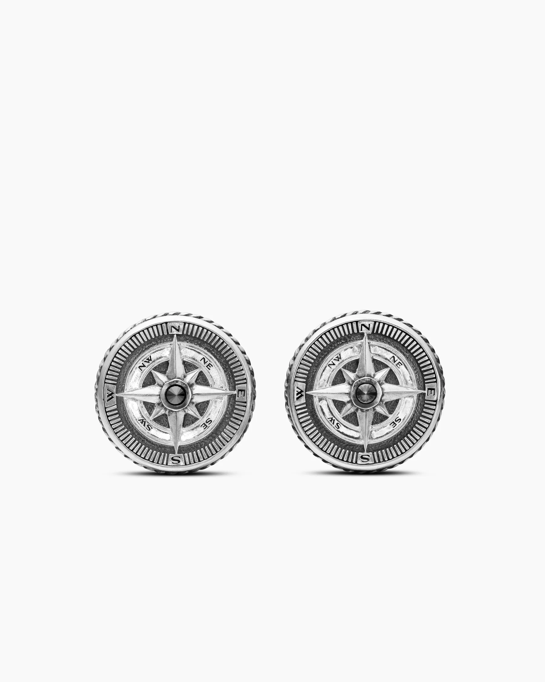 Maritime® Compass Cufflinks in Sterling Silver with Center Black Diamond, 16mm
