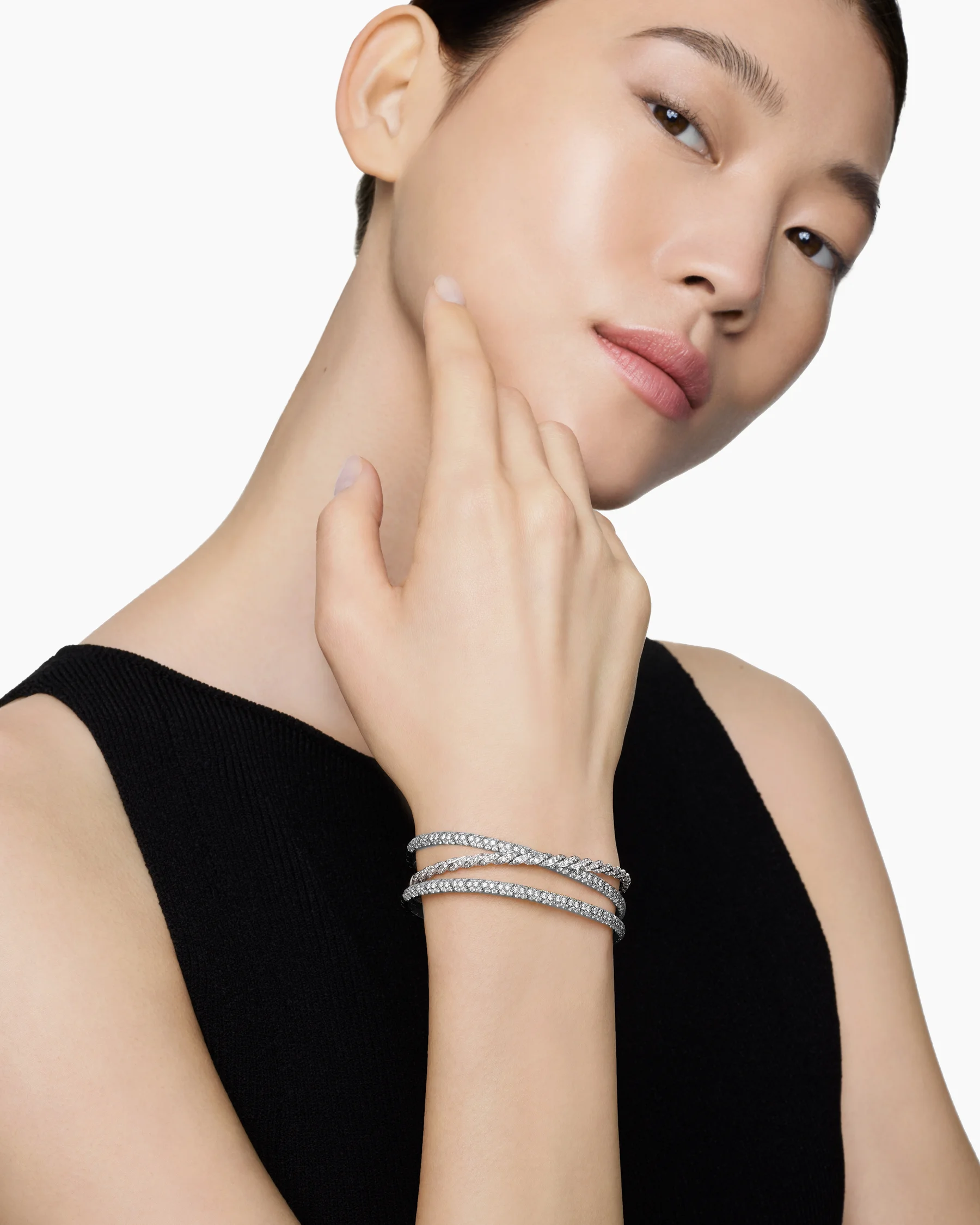 Sculpted Cable Flex® Three Row Bracelet in 18K White Gold with Diamonds, 21mm