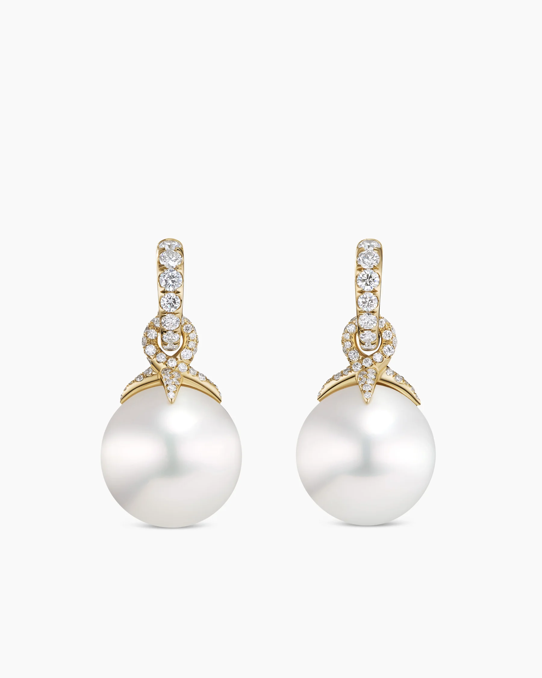 DY Lumina South Sea White Pearl Classic Drop Earrings in Yellow Gold with Diamonds