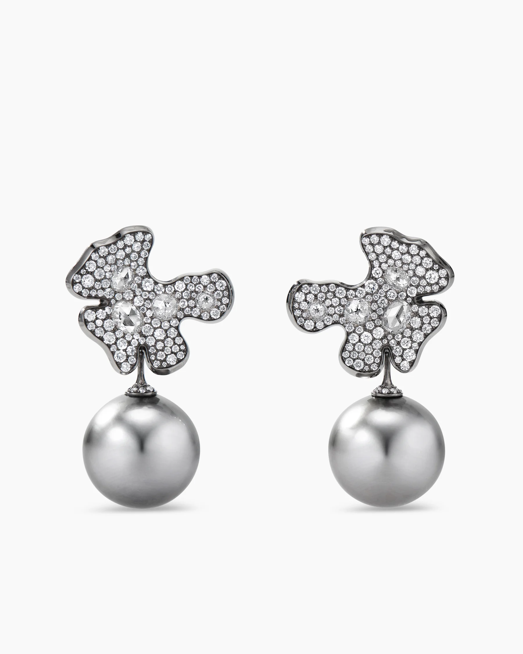Petals and Tahitian Grey Pearl Drop Earrings in White Gold with Rhodiated Black and Diamonds