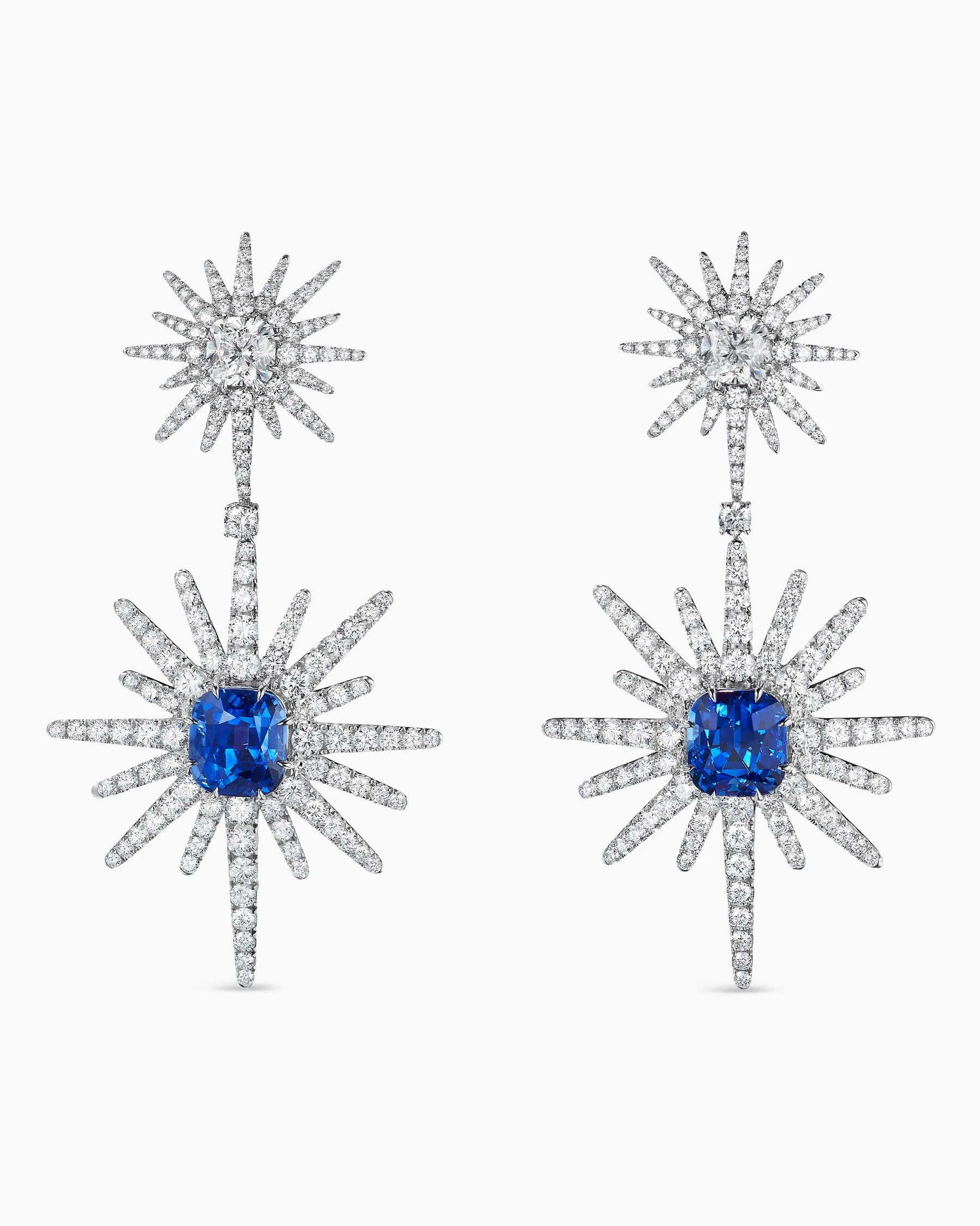 Starburst Drop Earrings in White Gold with Sapphires and Diamonds