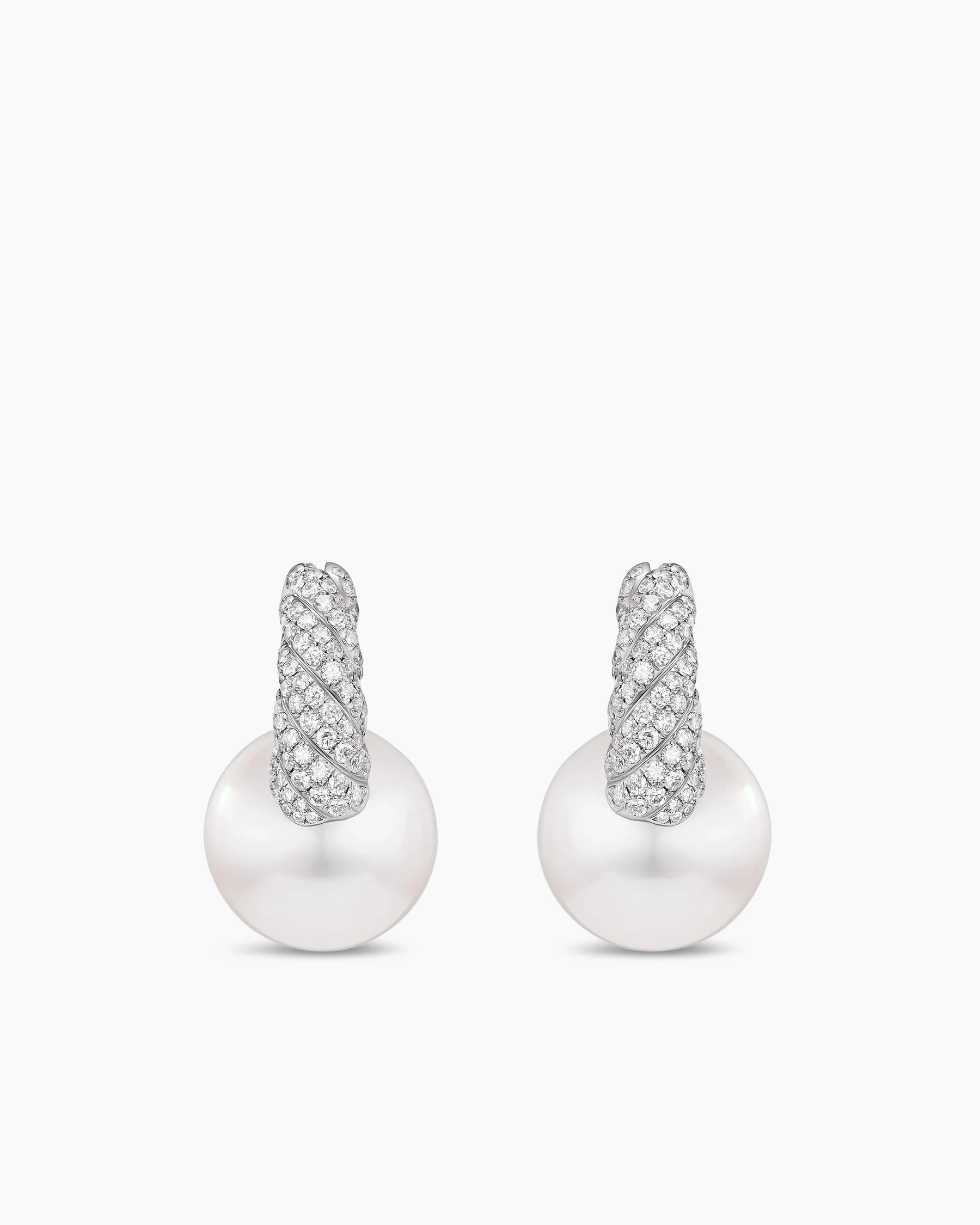 DY Lumina South Sea White Pearl Sculpted Cable Drop Earrings in Yellow Gold with Diamonds