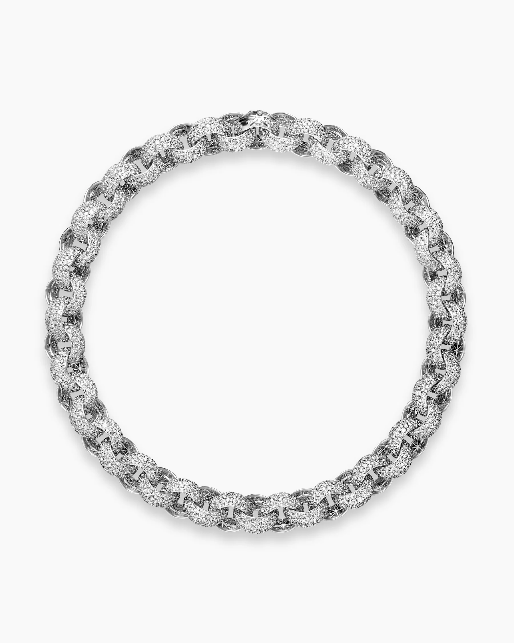 Mosaic Pavé Round Link Chain Necklace in White Gold