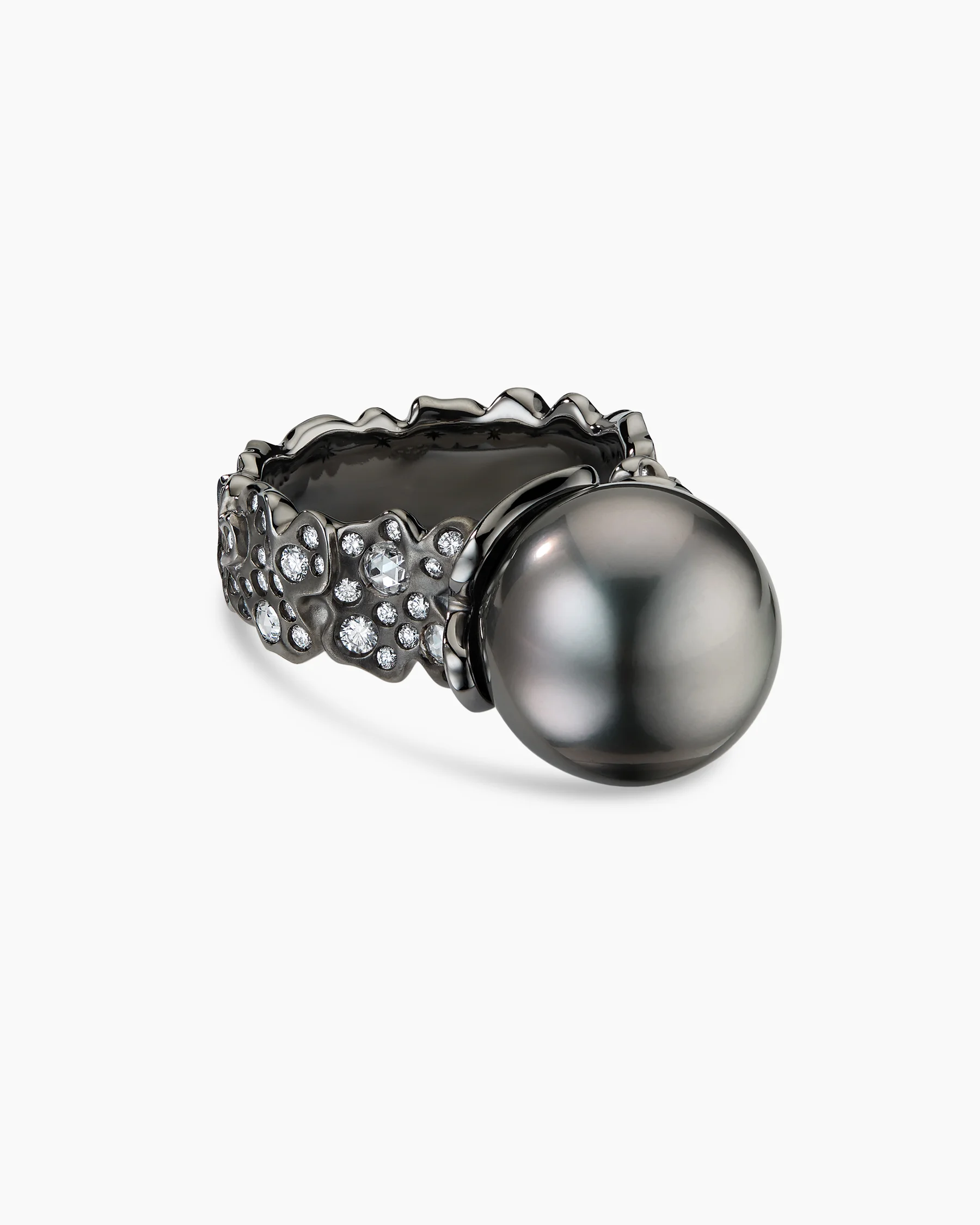 Petals and Tahitian Grey Pearl Ring in White Gold with Rhodiated Black and Diamonds
