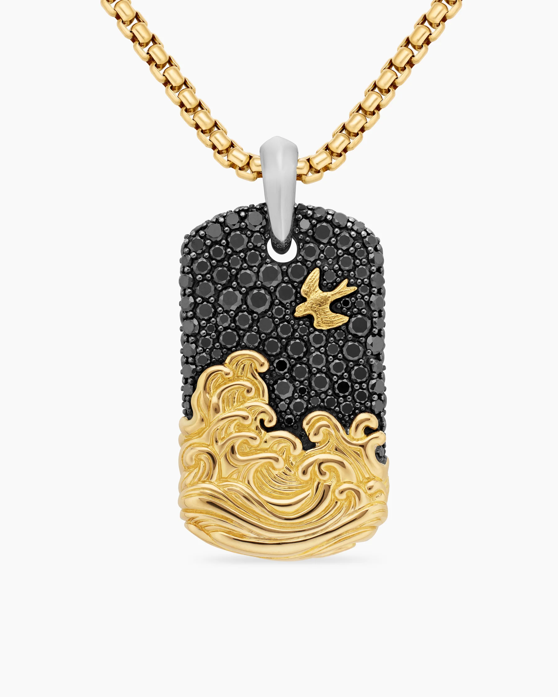 Waves Tag in Sterling Silver with 18K Yellow Gold and Black Diamonds, 35mm 1 Waves Tag in Sterling Silver with 18K Yellow Gold and Black Diamonds, 35mm