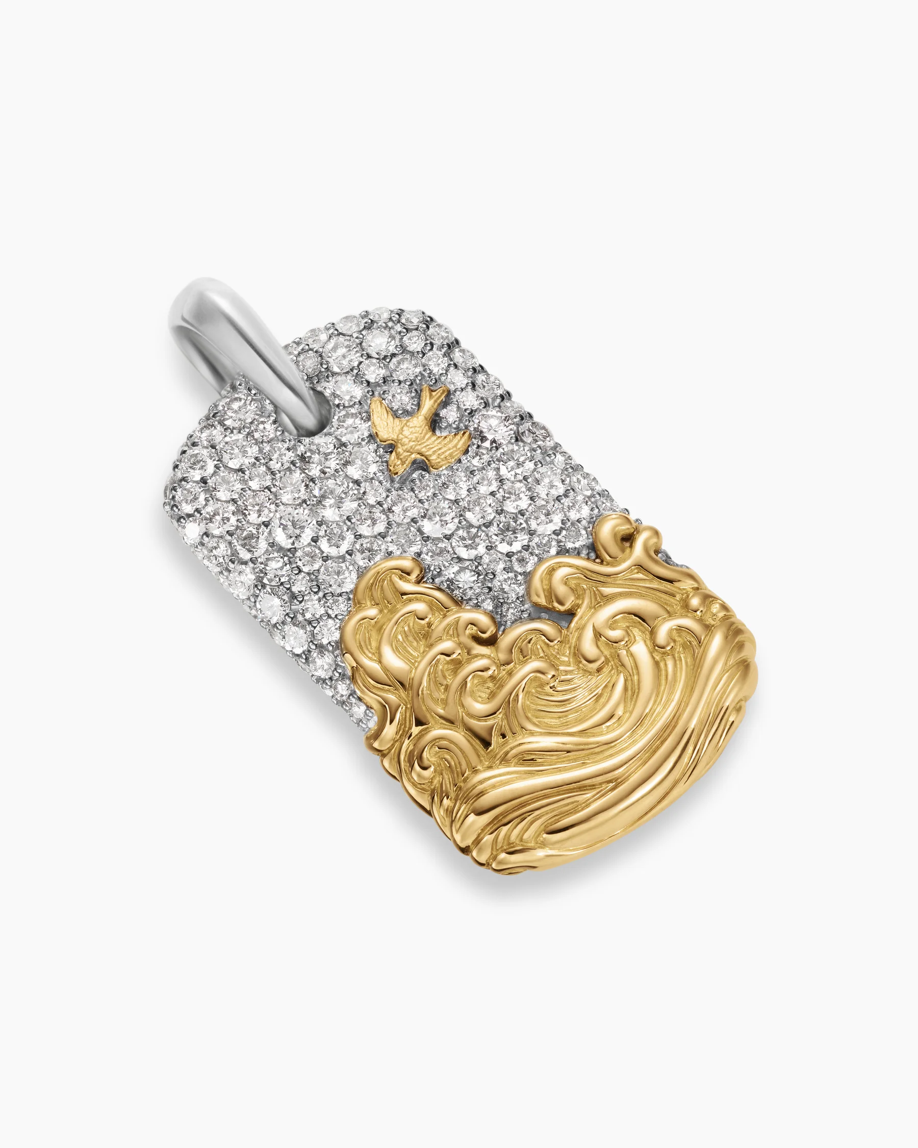 Waves Tag in Sterling Silver with 18K Yellow Gold and Black Diamonds, 35mm 10 Waves Tag in Sterling Silver with 18K Yellow Gold and Black Diamonds, 35mm