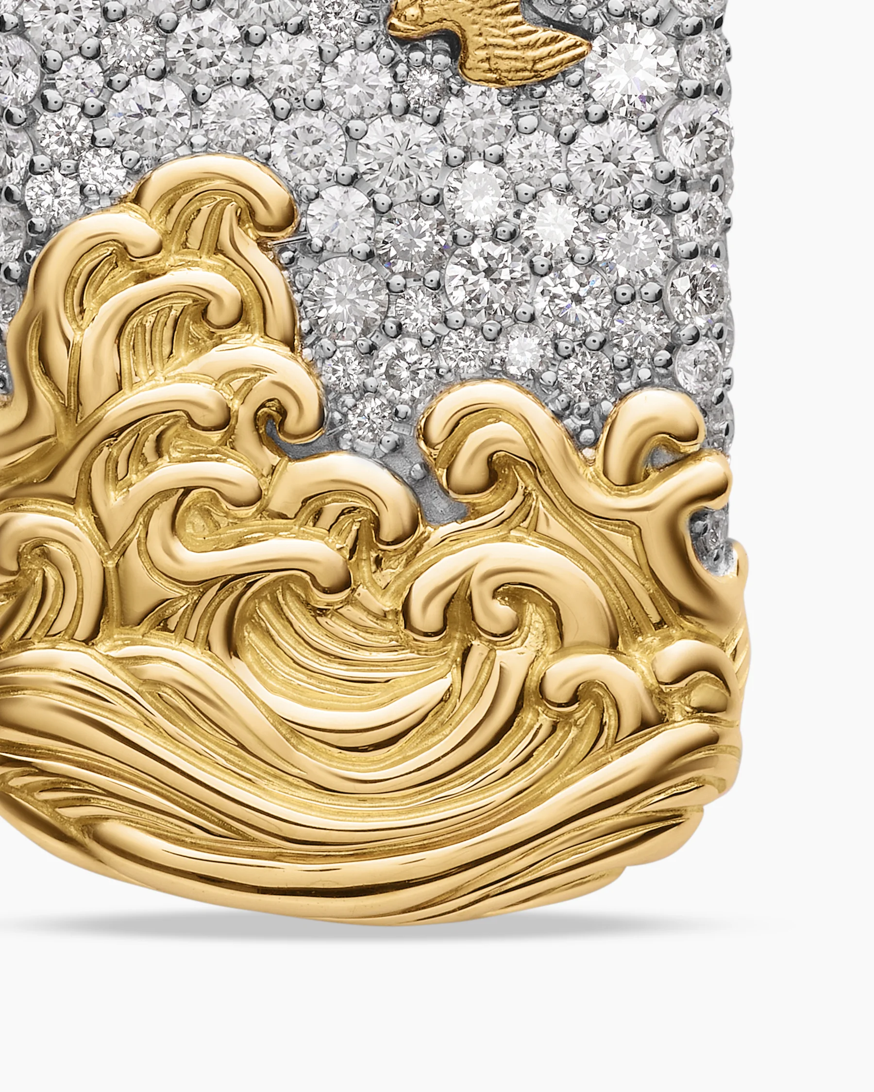 Waves Tag in Sterling Silver with 18K Yellow Gold and Black Diamonds, 35mm 12 Waves Tag in Sterling Silver with 18K Yellow Gold and Black Diamonds, 35mm
