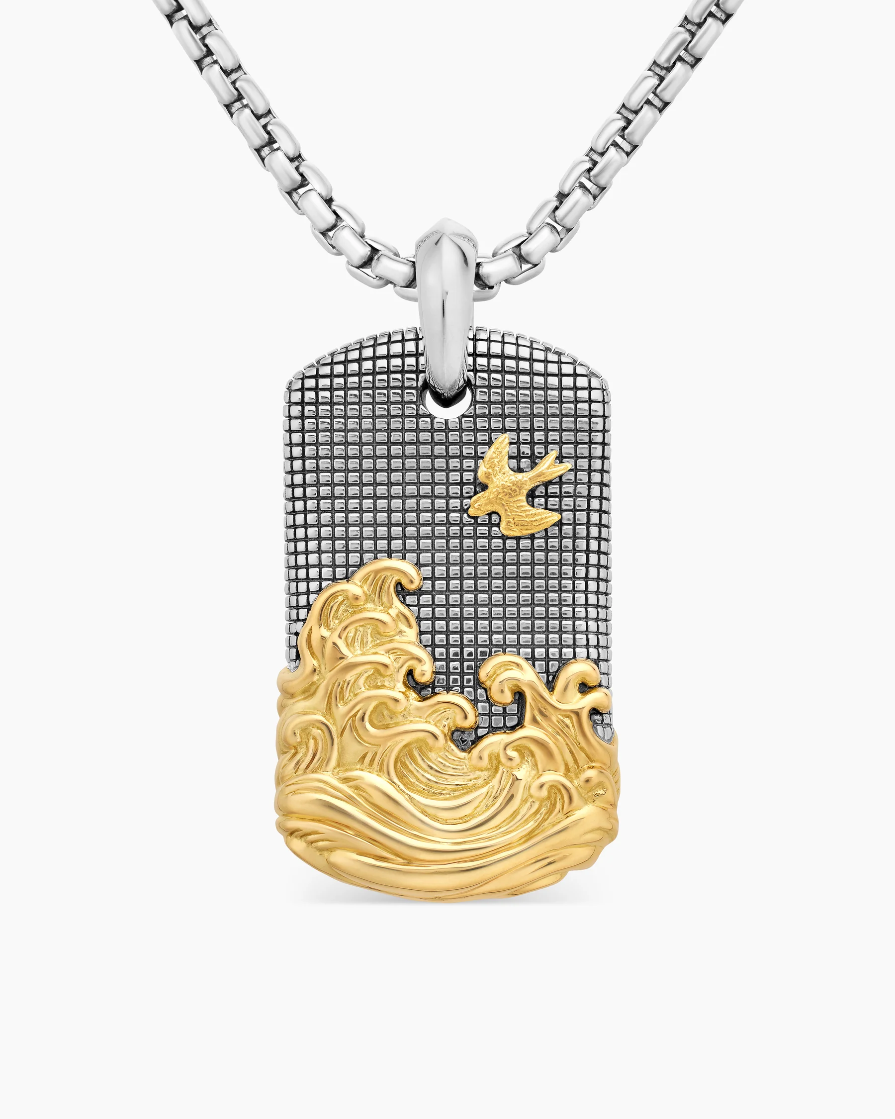 Waves Tag in Sterling Silver with 18K Yellow Gold and Black Diamonds, 35mm 14 Waves Tag in Sterling Silver with 18K Yellow Gold and Black Diamonds, 35mm