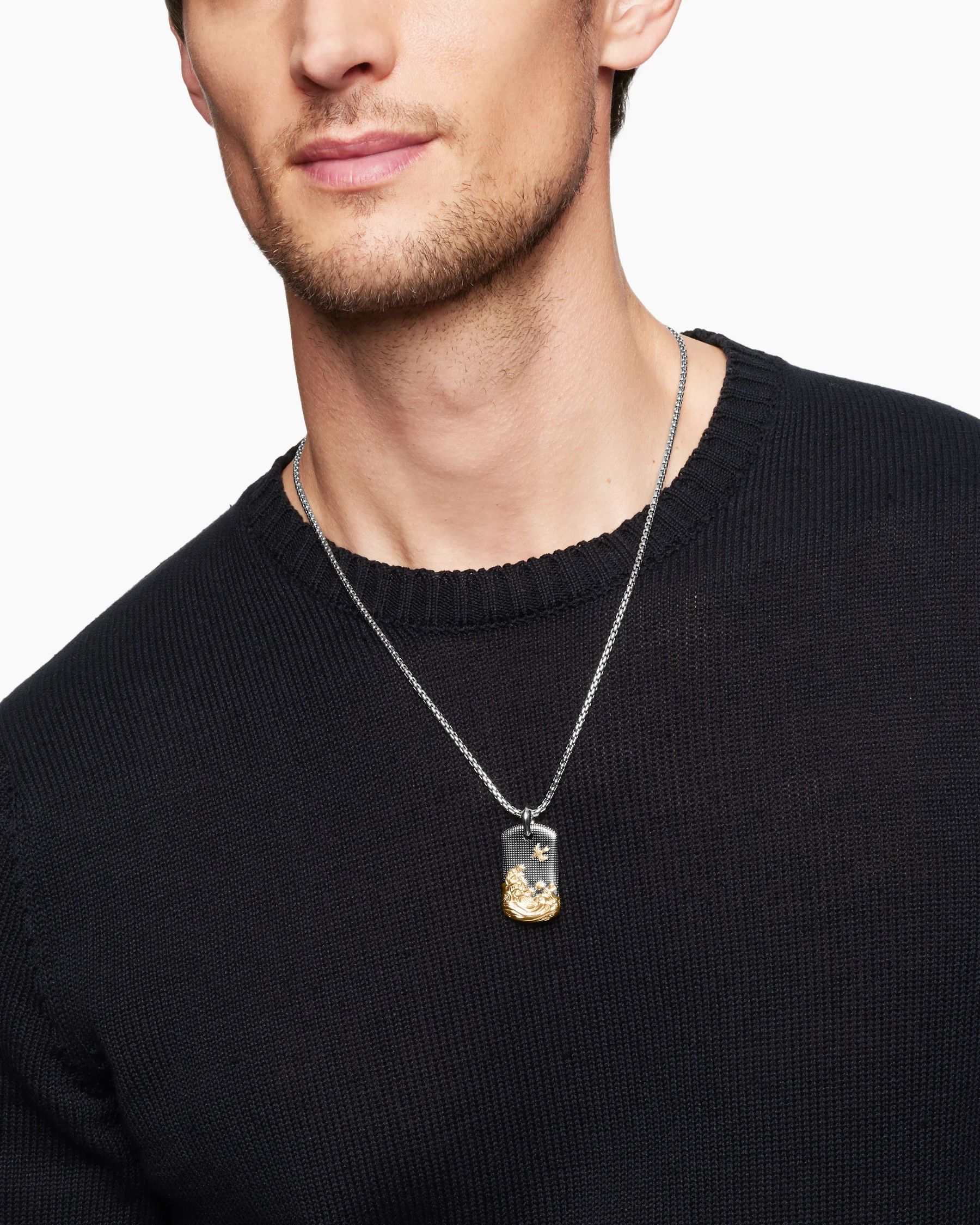 Waves Tag in Sterling Silver with 18K Yellow Gold and Black Diamonds, 35mm 15 Waves Tag in Sterling Silver with 18K Yellow Gold and Black Diamonds, 35mm