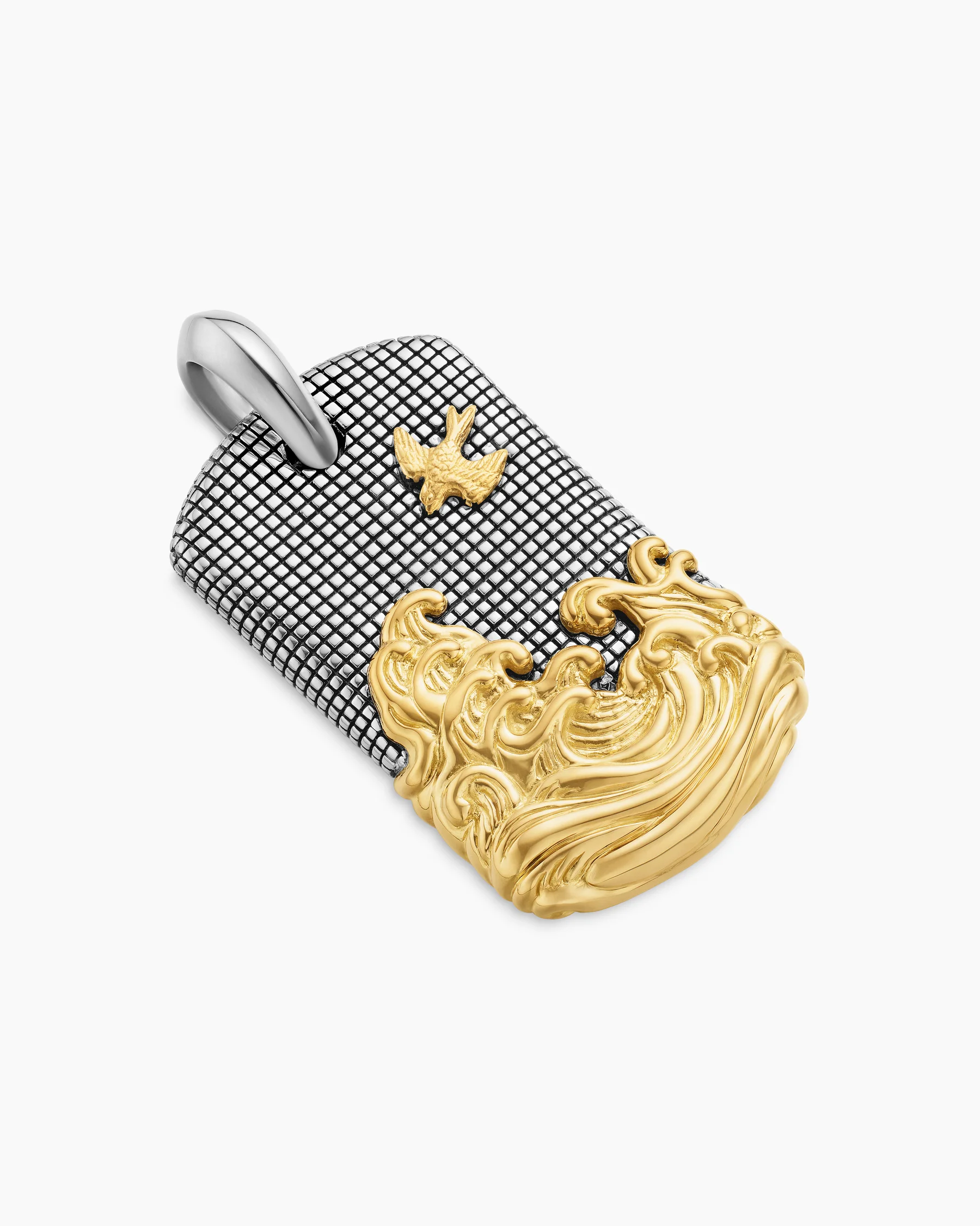 Waves Tag in Sterling Silver with 18K Yellow Gold and Black Diamonds, 35mm 16 Waves Tag in Sterling Silver with 18K Yellow Gold and Black Diamonds, 35mm