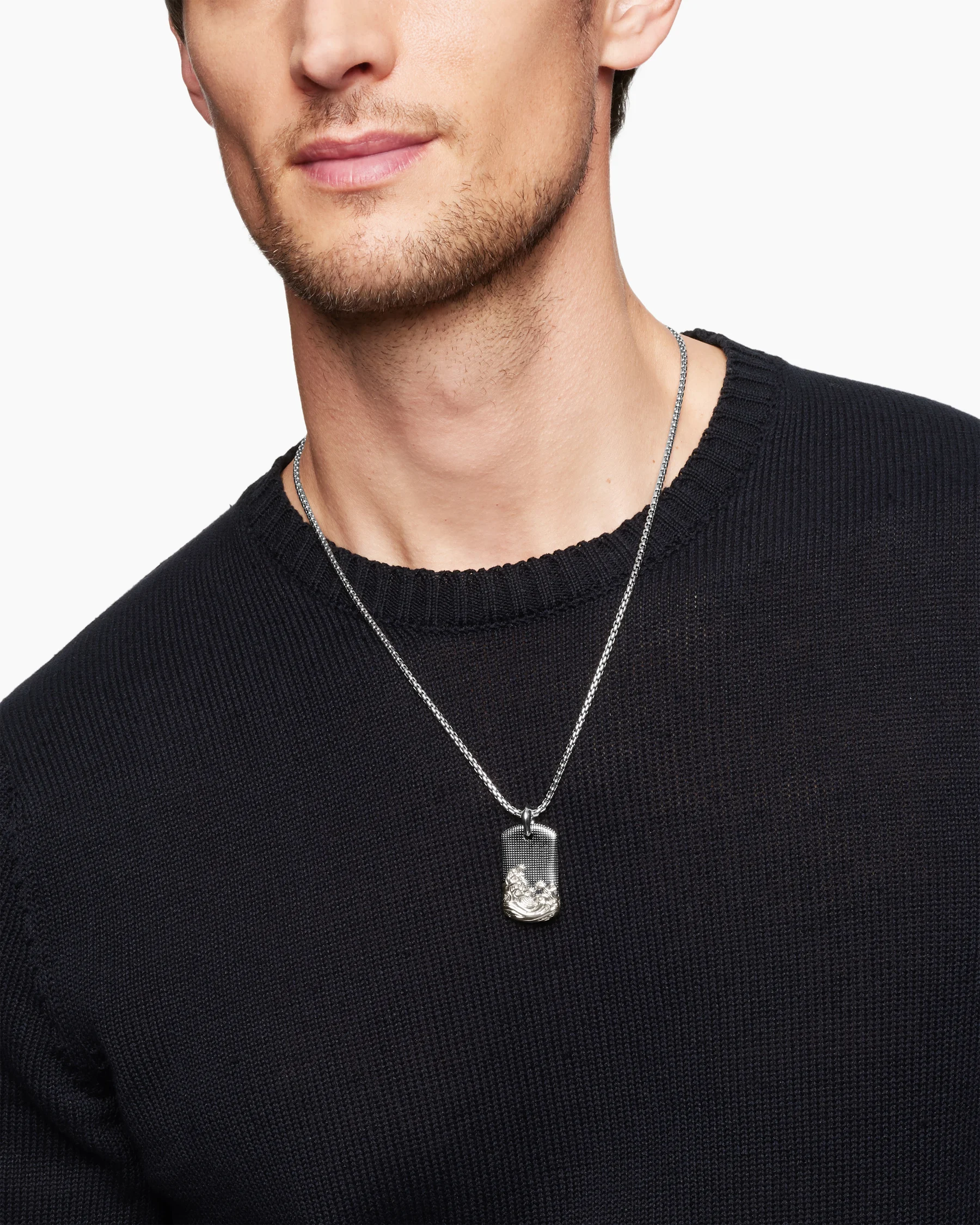 Waves Tag in Sterling Silver with 18K Yellow Gold and Black Diamonds, 35mm 22 Waves Tag in Sterling Silver with 18K Yellow Gold and Black Diamonds, 35mm