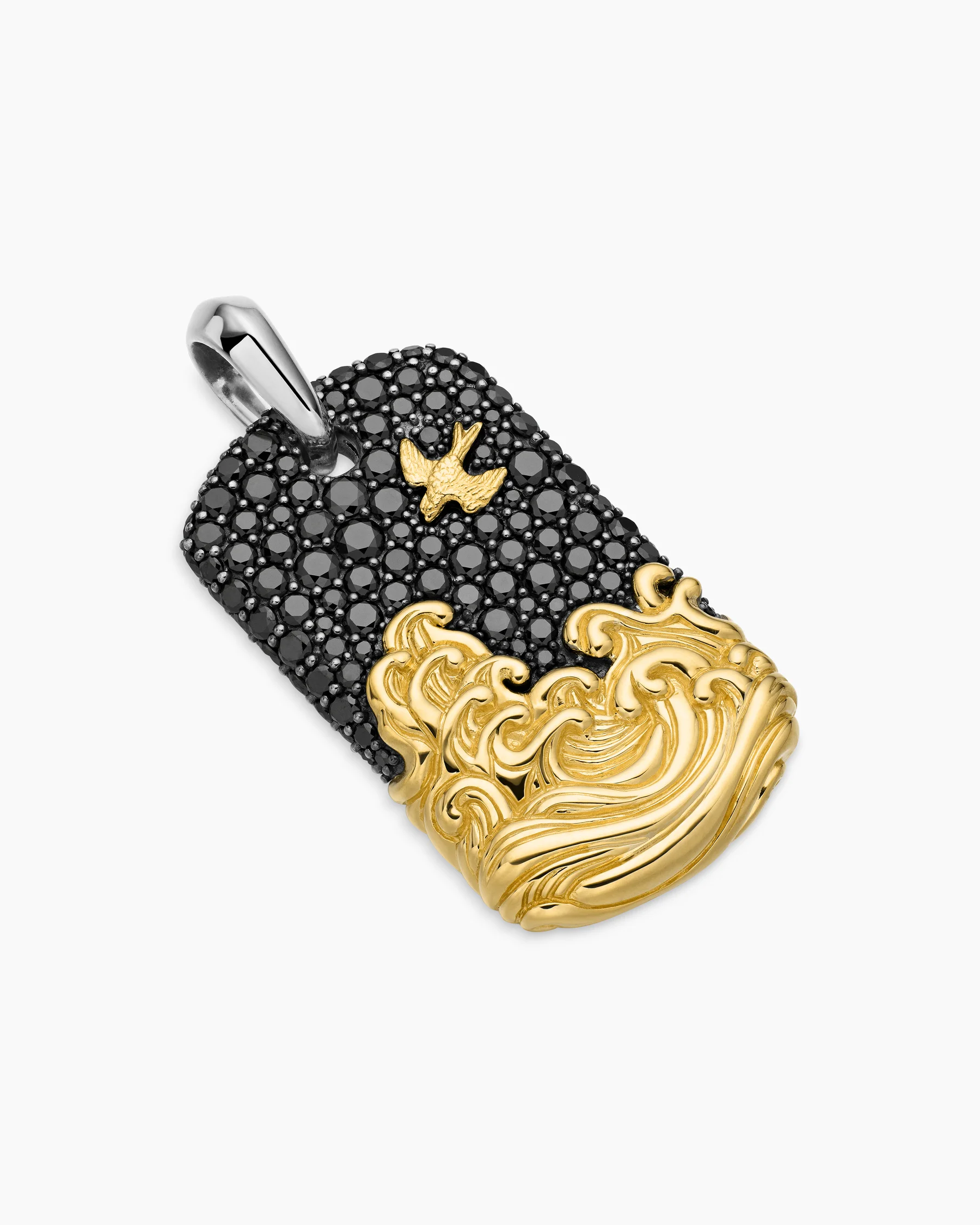 Waves Tag in Sterling Silver with 18K Yellow Gold and Black Diamonds, 35mm 3 Waves Tag in Sterling Silver with 18K Yellow Gold and Black Diamonds, 35mm