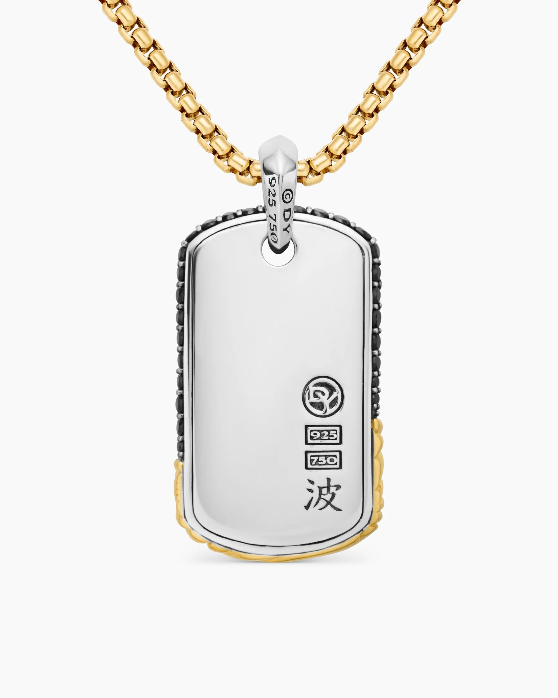 Waves Tag in Sterling Silver with 18K Yellow Gold and Black Diamonds, 35mm 4 Waves Tag in Sterling Silver with 18K Yellow Gold and Black Diamonds, 35mm