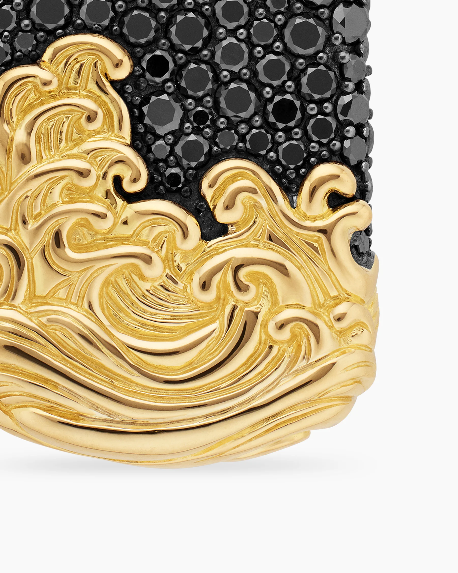 Waves Tag in Sterling Silver with 18K Yellow Gold and Black Diamonds, 35mm 5 Waves Tag in Sterling Silver with 18K Yellow Gold and Black Diamonds, 35mm
