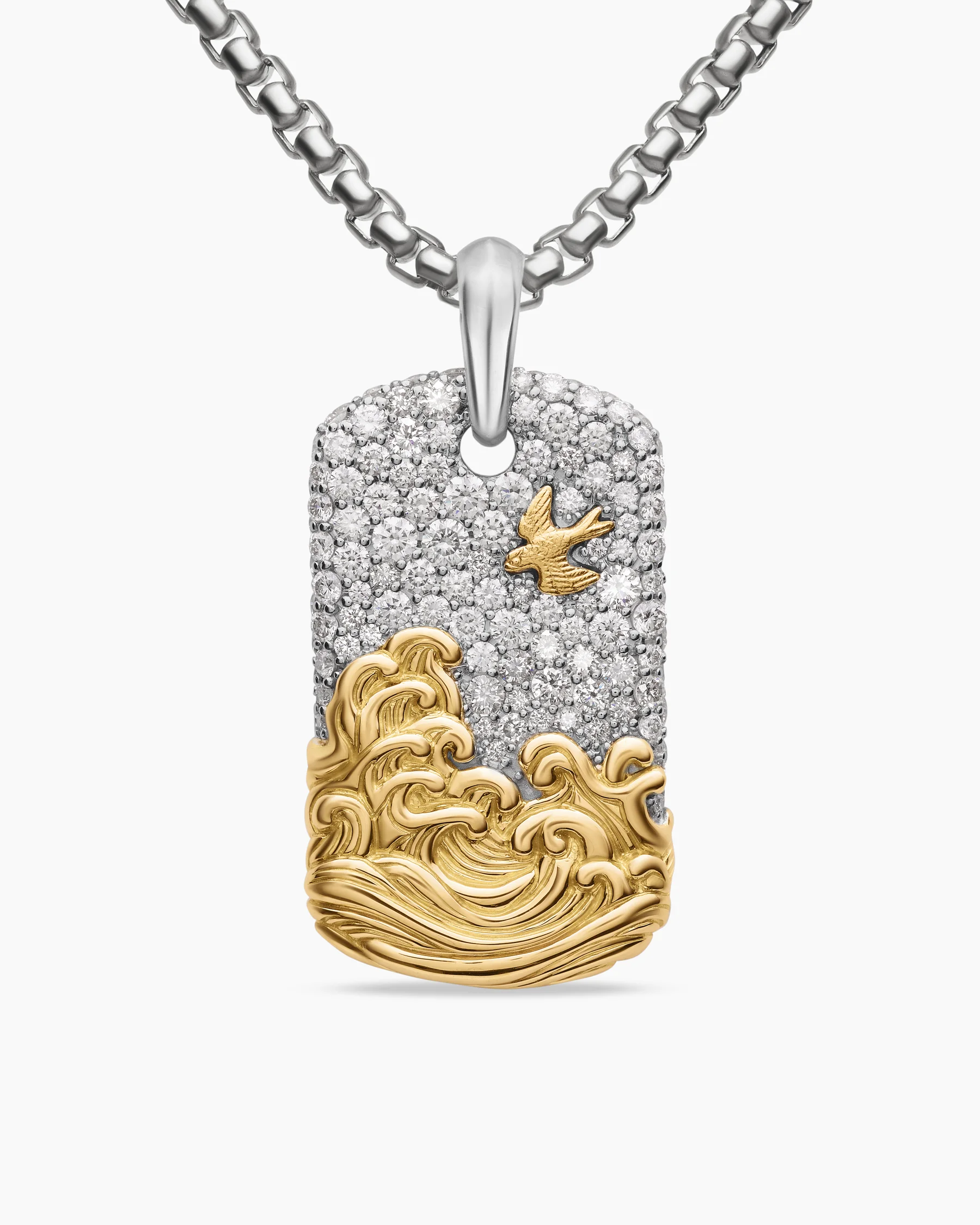 Waves Tag in Sterling Silver with 18K Yellow Gold and Black Diamonds, 35mm 8 Waves Tag in Sterling Silver with 18K Yellow Gold and Black Diamonds, 35mm