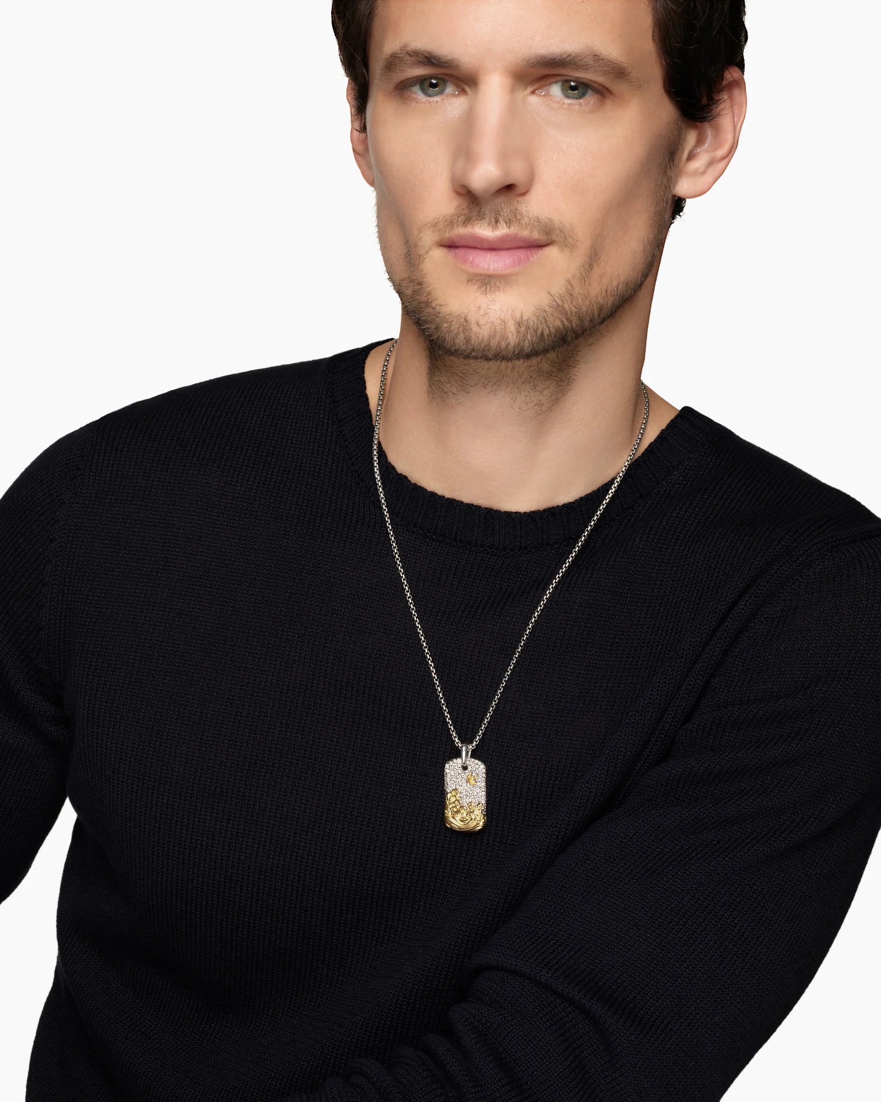 Waves Tag in Sterling Silver with 18K Yellow Gold and Black Diamonds, 35mm 9 Waves Tag in Sterling Silver with 18K Yellow Gold and Black Diamonds, 35mm