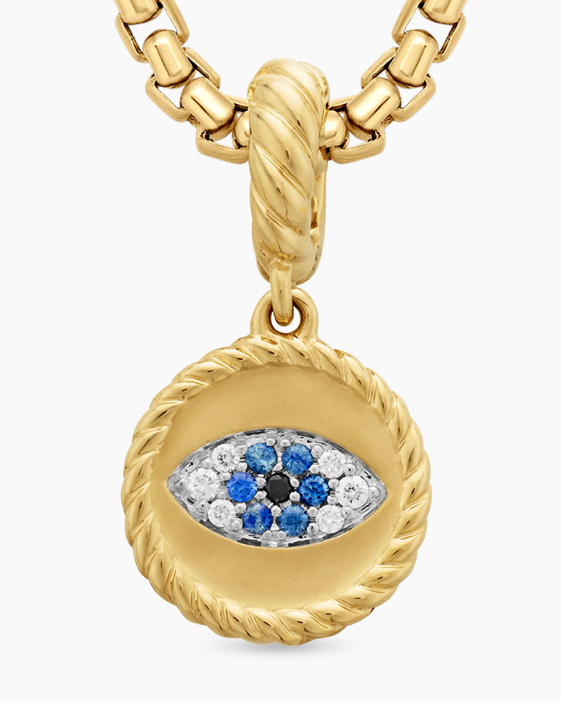 Evil Eye Amulet in 18K Yellow Gold with Pavé Blue Sapphires and Diamonds, 11mm 12 Evil Eye Amulet in 18K Yellow Gold with Pavé Blue Sapphires and Diamonds, 11mm