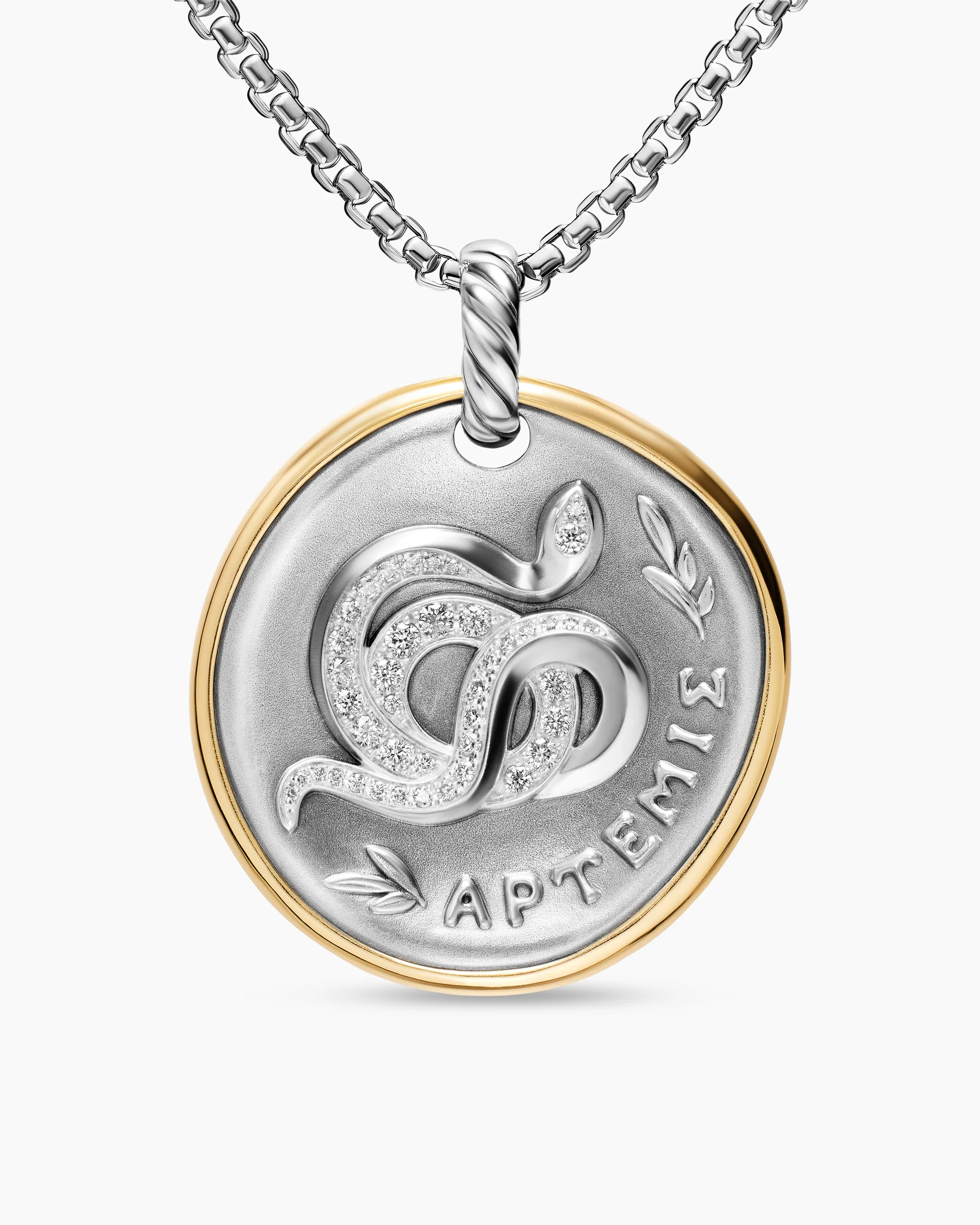 Artemis Medallion Amulet in Sterling Silver with 14K Yellow Gold and Diamonds, 29.5mm