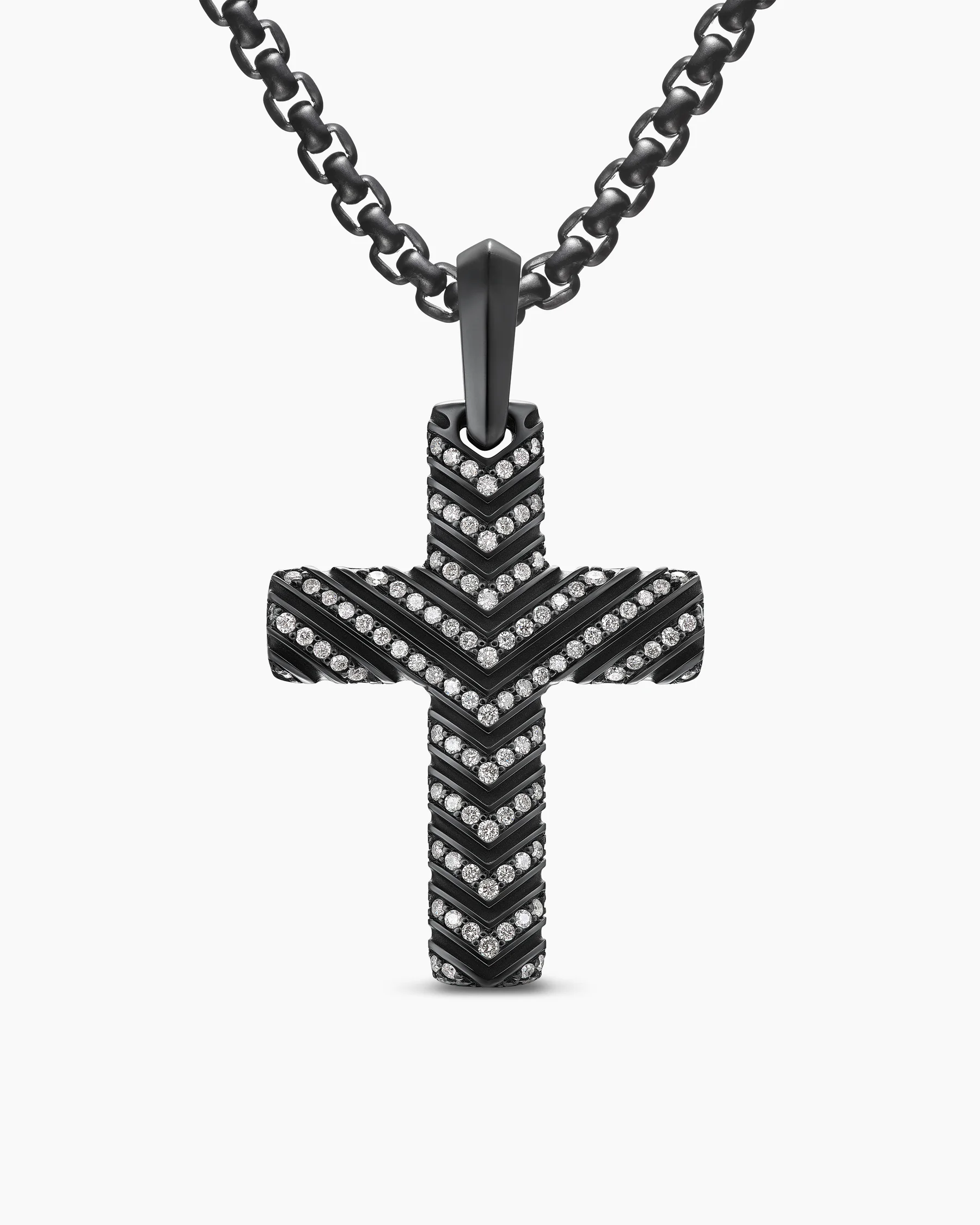 Chevron Cross Pendant in Sterling Silver with Black Diamonds, 36mm