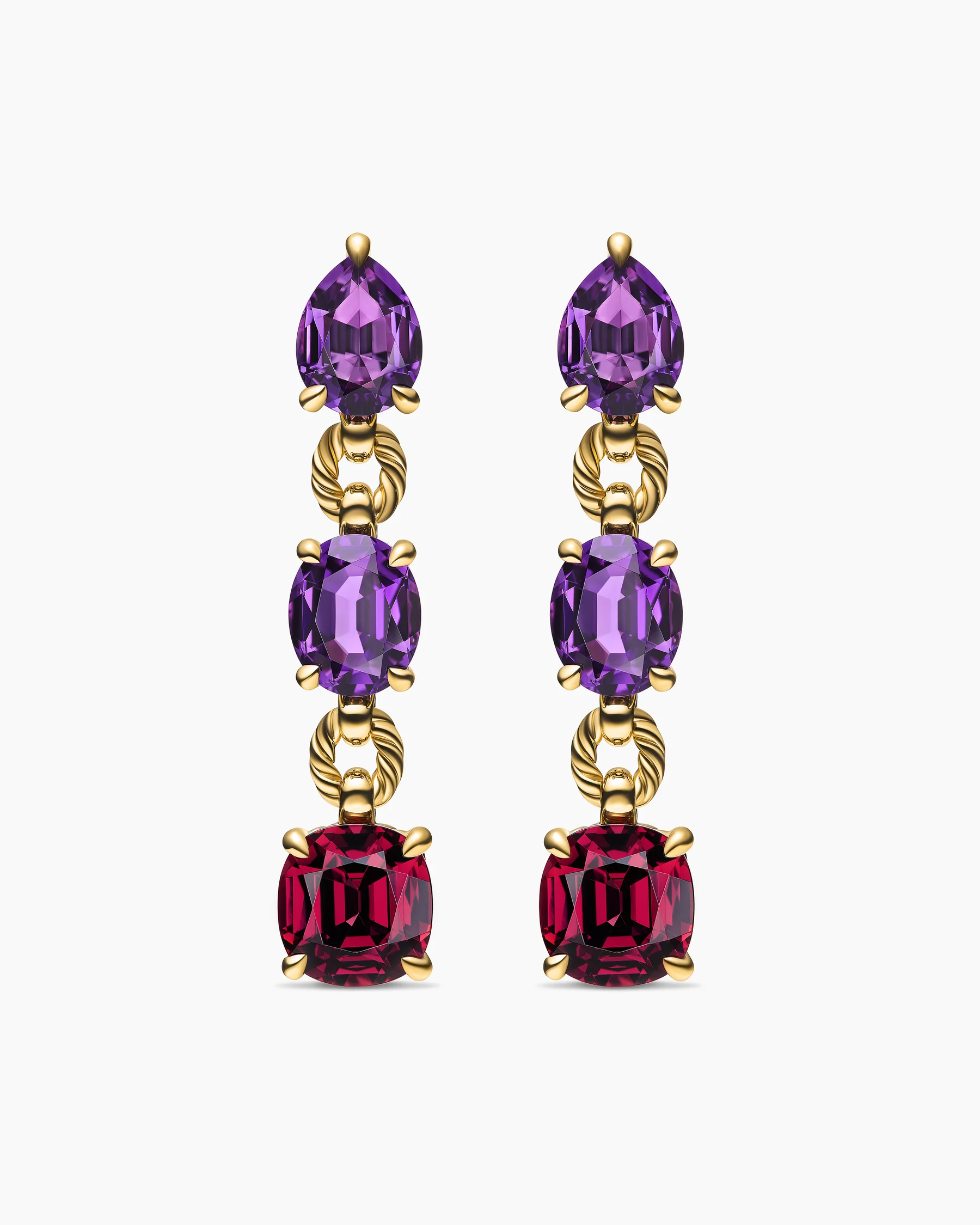 Marbella Drop Earrings in 18K Yellow Gold with Amethyst and Rhodolite Garnet, 51mm