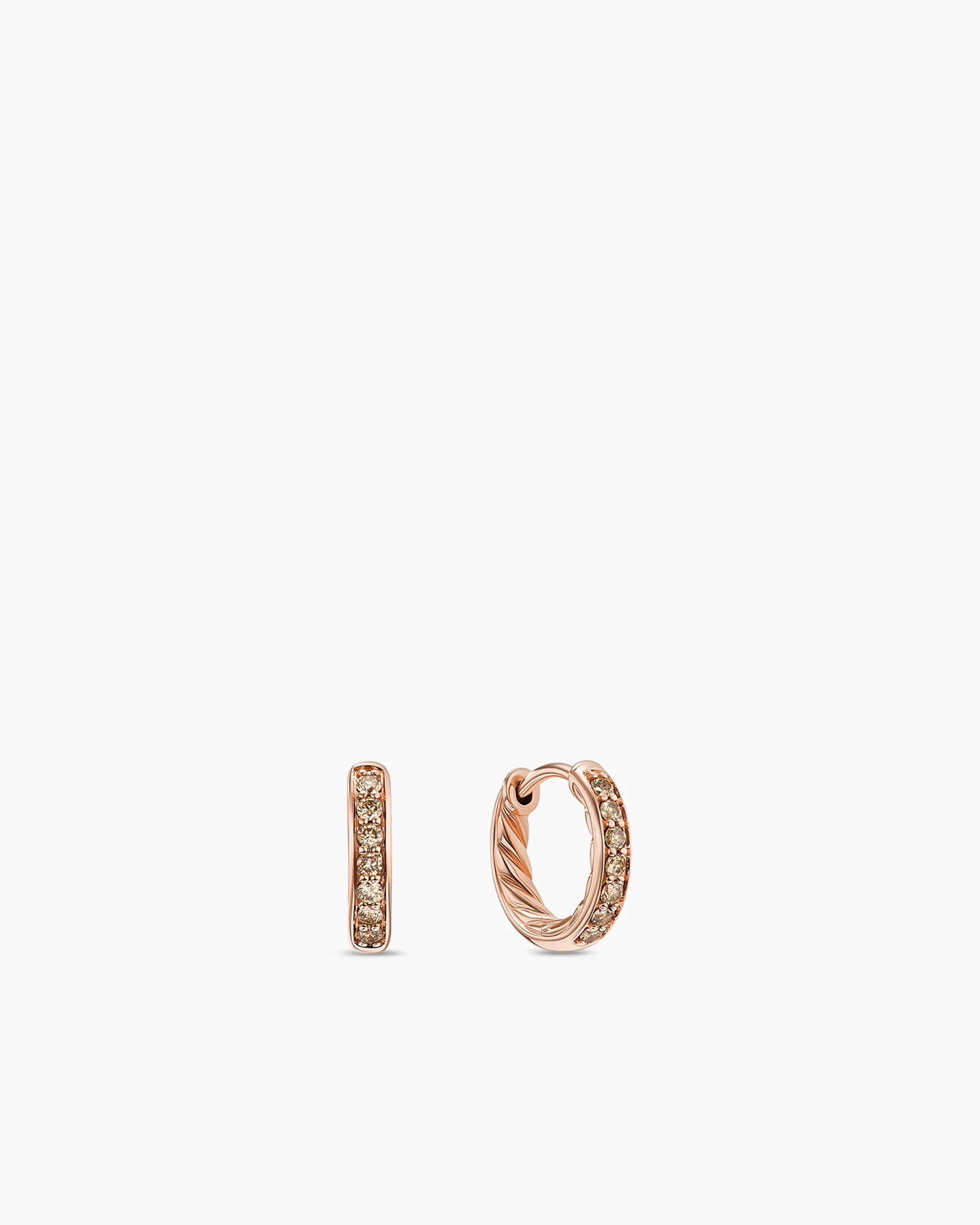 Petite Pavé Huggie Hoop Earrings in 18K Rose Gold with Cognac Diamonds, 12mm