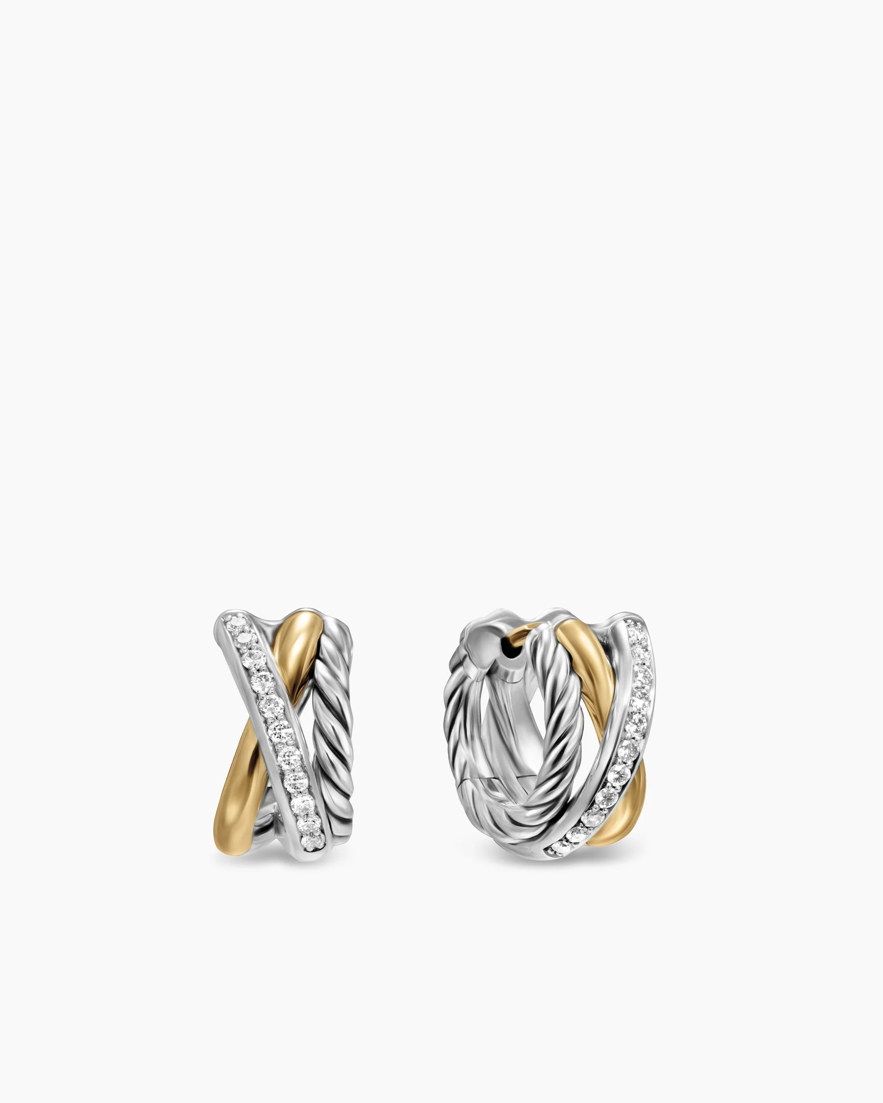 Crossover Three Row Huggie Hoop Earrings in Sterling Silver with 18K Yellow Gold, 13mm