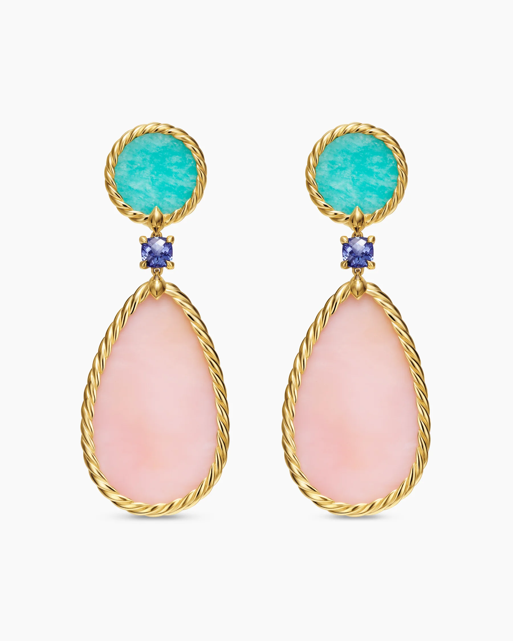 DY Elements® Statement Drop Earrings in 18K Yellow Gold with Pink Opal, Amazonite and Tanzanite, 56mm