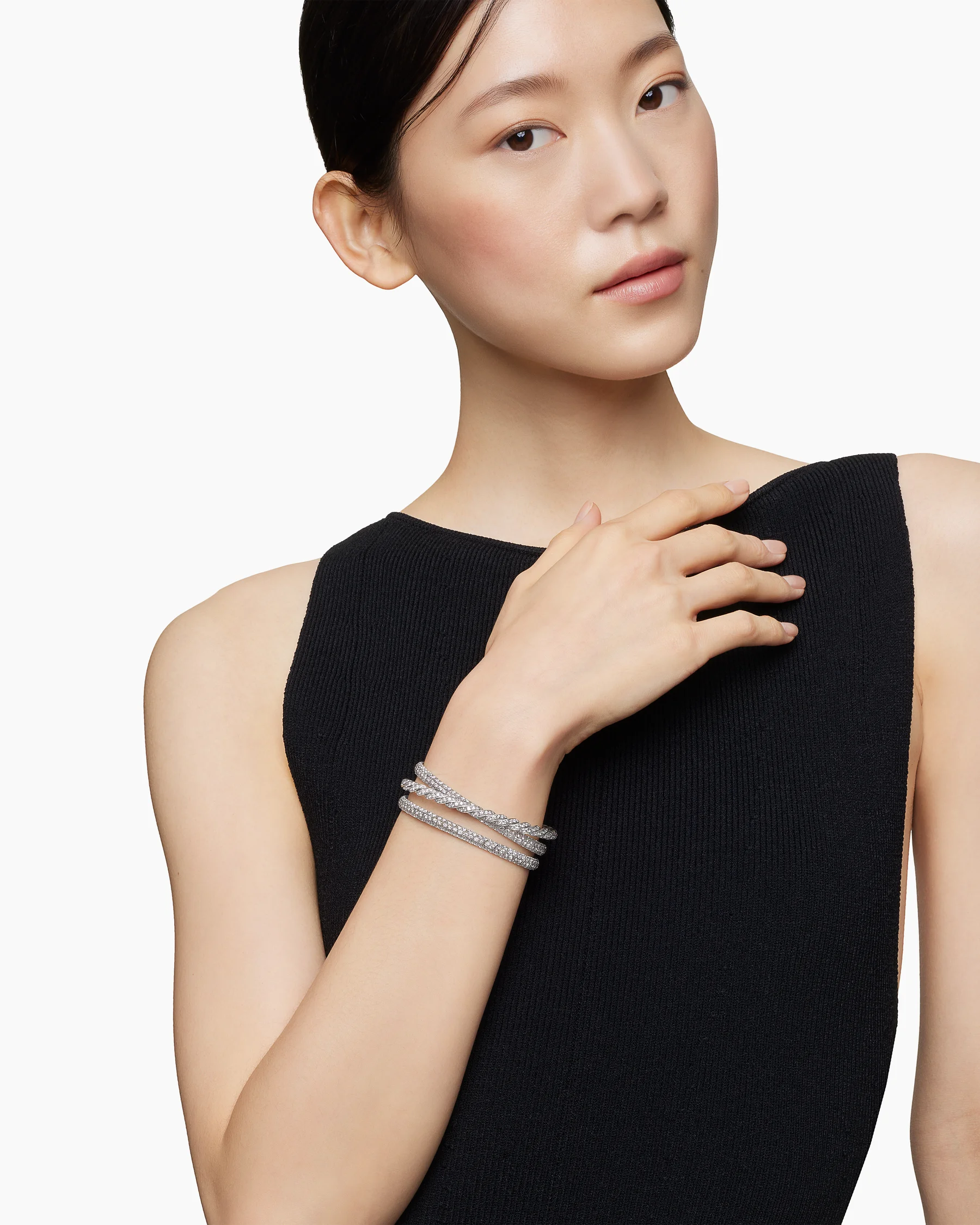 Sculpted Cable Flex® Three Row Bracelet in 18K White Gold with Diamonds, 18.5mm