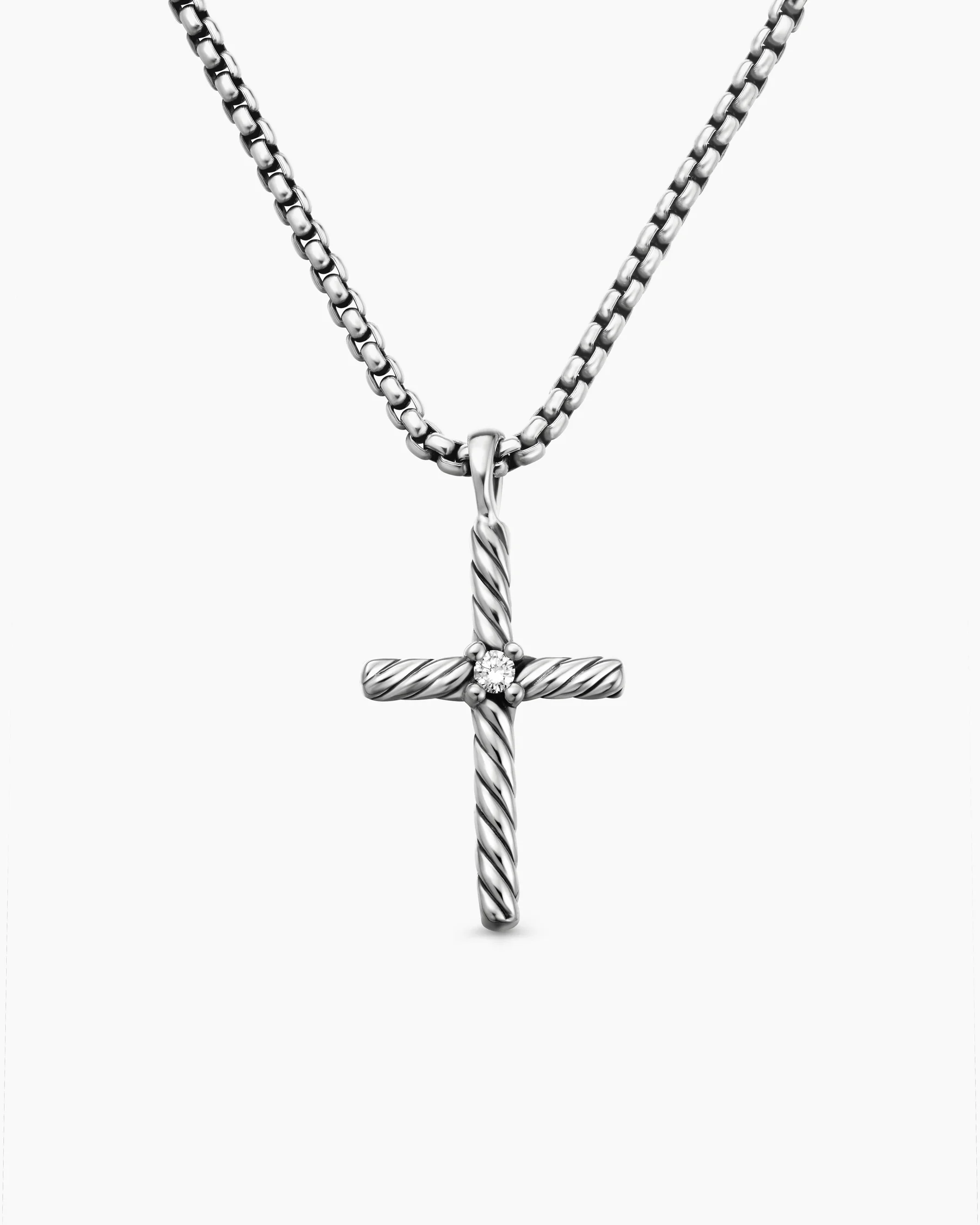 Classic Cable Cross Necklace in Sterling Silver with Center Diamond, 24.3mm