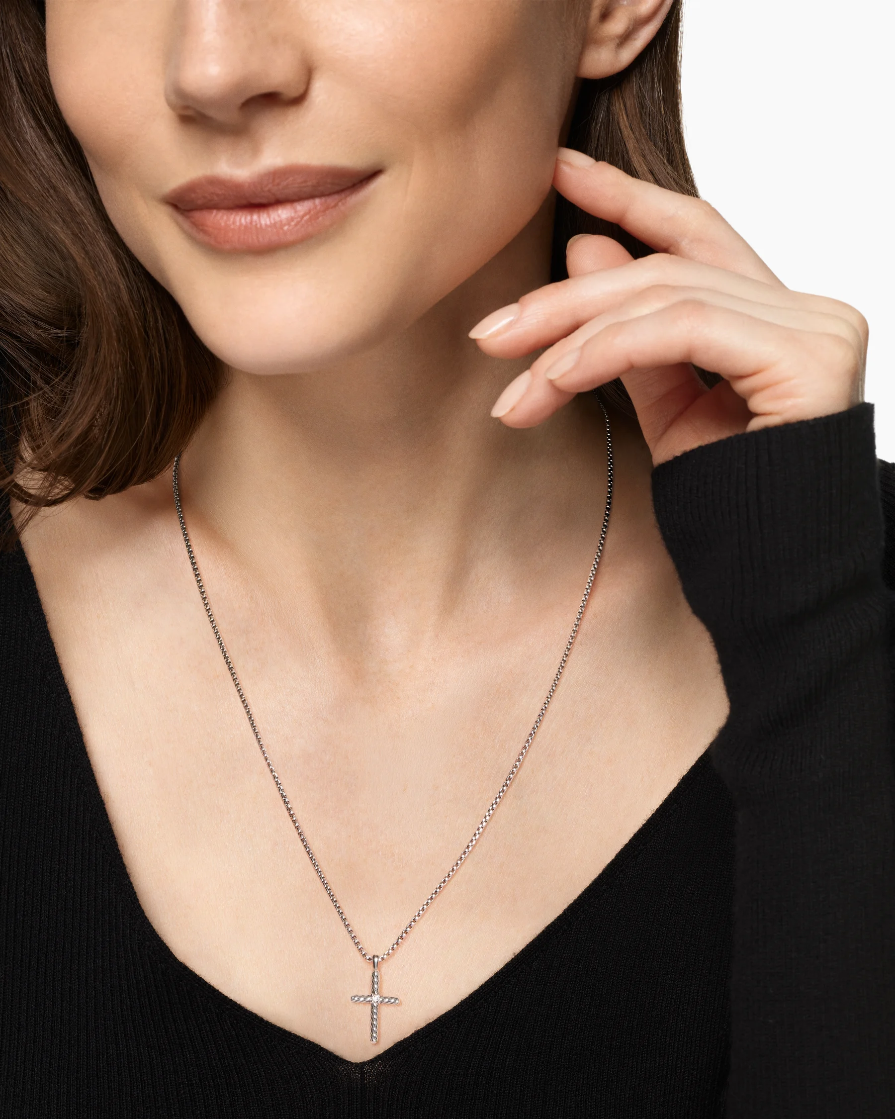 Classic Cable Cross Necklace in Sterling Silver with Center Diamond, 24.3mm