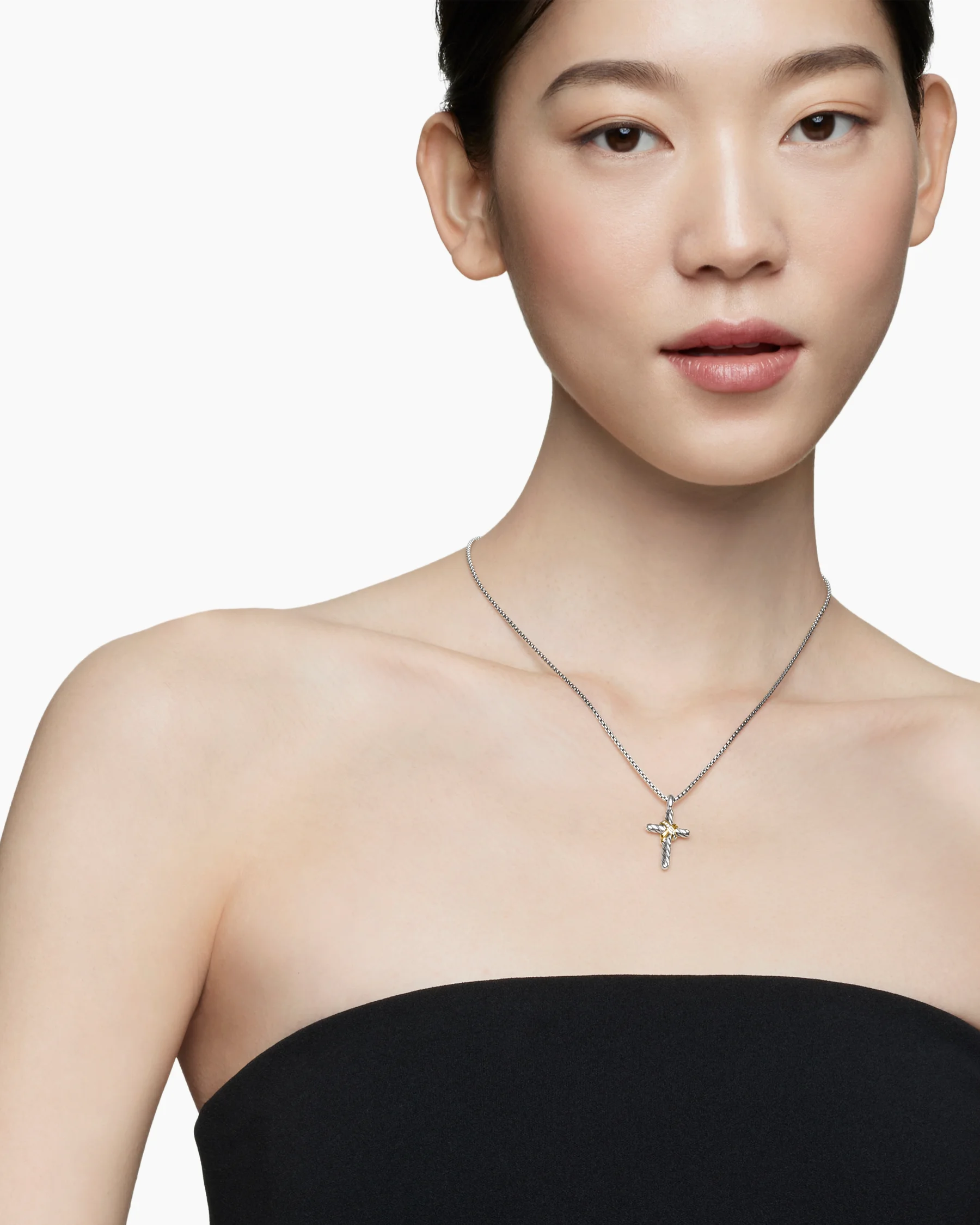 X Cross Necklace in Sterling Silver with 14K Yellow Gold and Diamonds, 31.7mm