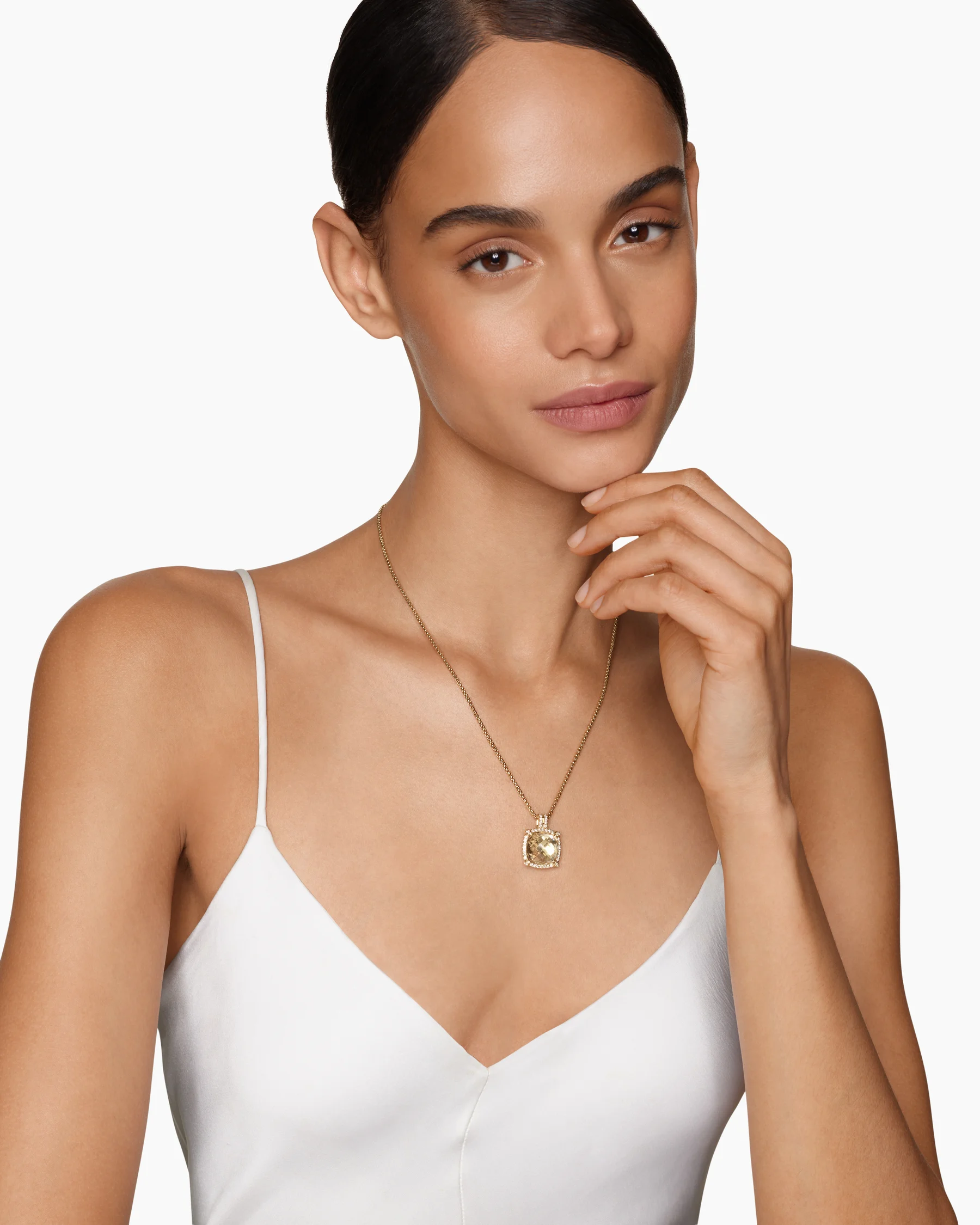 Chatelaine® Pavé Bezel Pendant Necklace in 18K Yellow Gold with Blue Topaz and Diamonds, 14mm