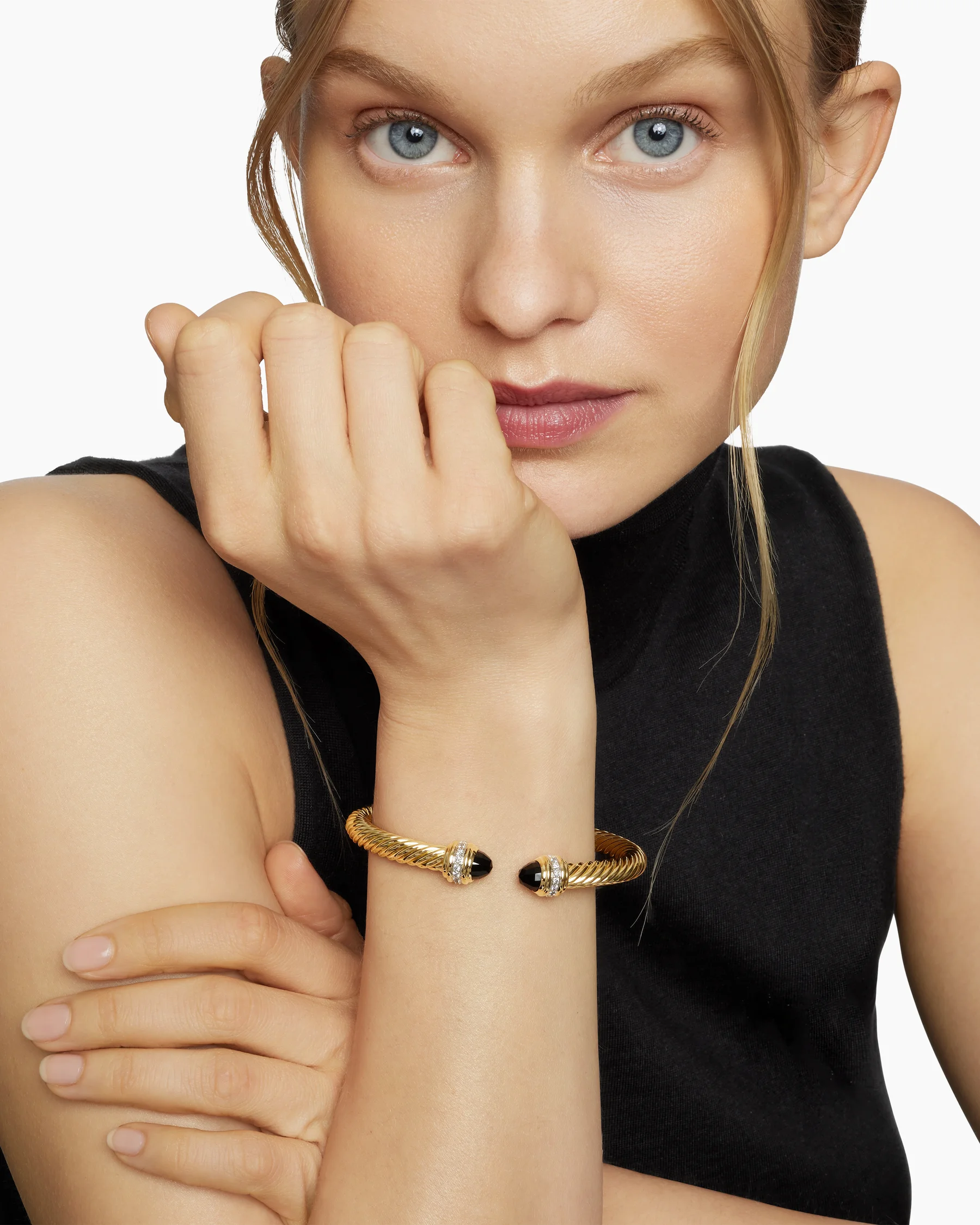 Classic Cable Bracelet in Sterling Silver with 14K Yellow Gold Domes and Diamonds, 7mm 14 Classic Cable Bracelet in Sterling Silver with 14K Yellow Gold Domes and Diamonds, 7mm