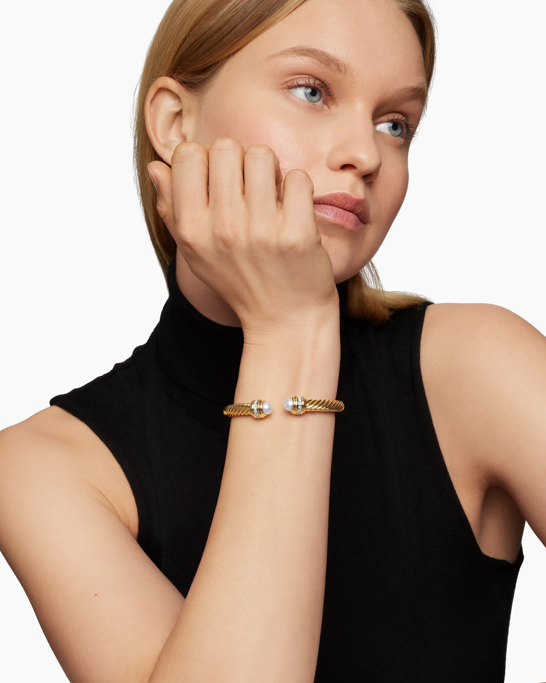 Classic Cable Bracelet in Sterling Silver with 14K Yellow Gold Domes and Diamonds, 7mm 46 Classic Cable Bracelet in Sterling Silver with 14K Yellow Gold Domes and Diamonds, 7mm