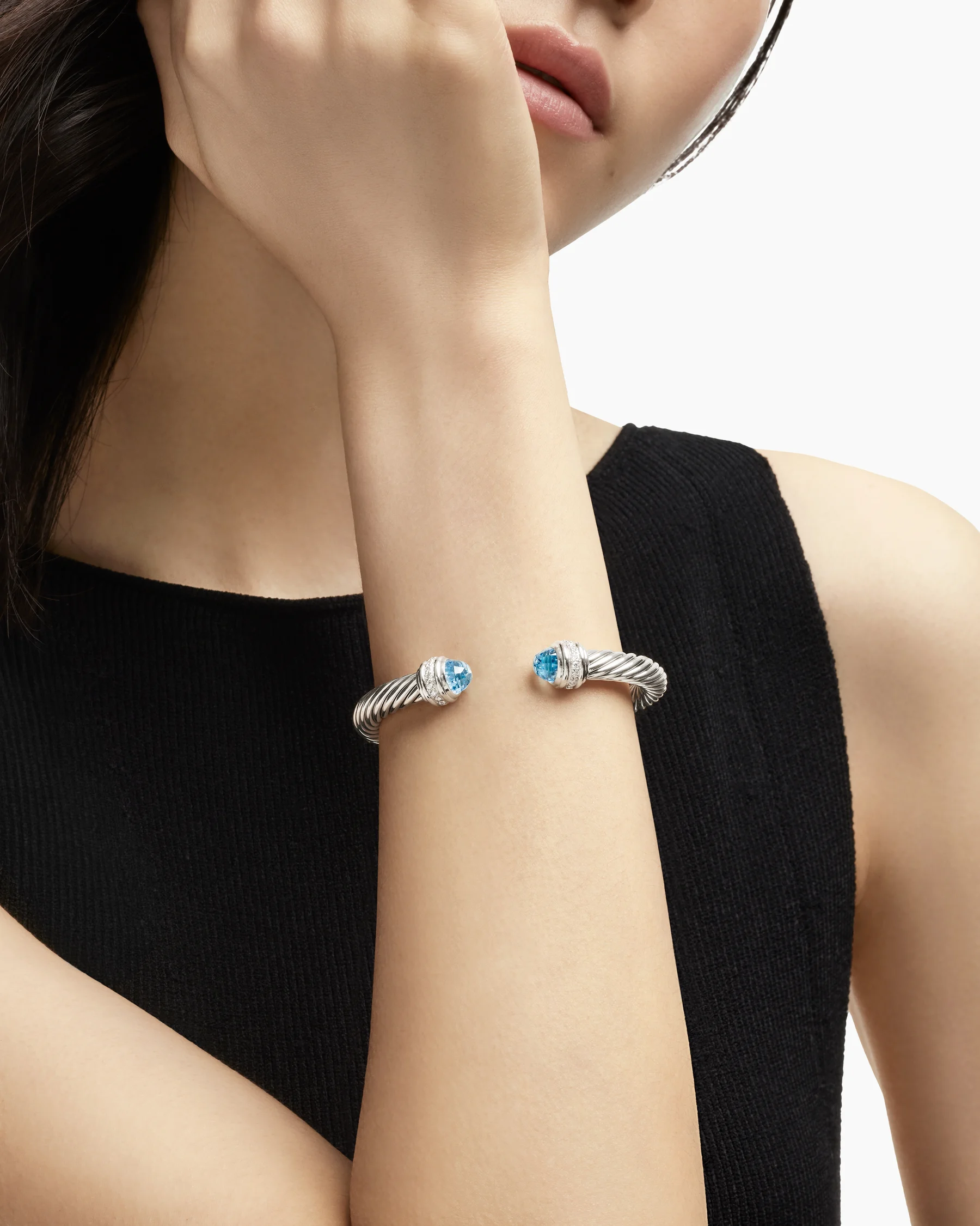 Classic Cable Bracelet in Sterling Silver with 14K Yellow Gold Domes and Diamonds, 7mm 70 Classic Cable Bracelet in Sterling Silver with 14K Yellow Gold Domes and Diamonds, 7mm