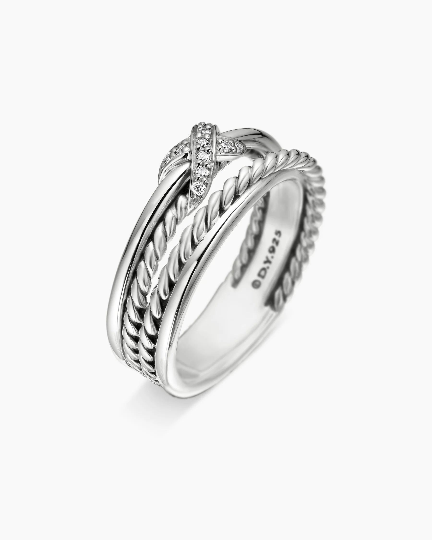 X Crossover Band Ring in Sterling Silver with Diamonds, 6mm 3 X Crossover Band Ring in Sterling Silver with Diamonds, 6mm