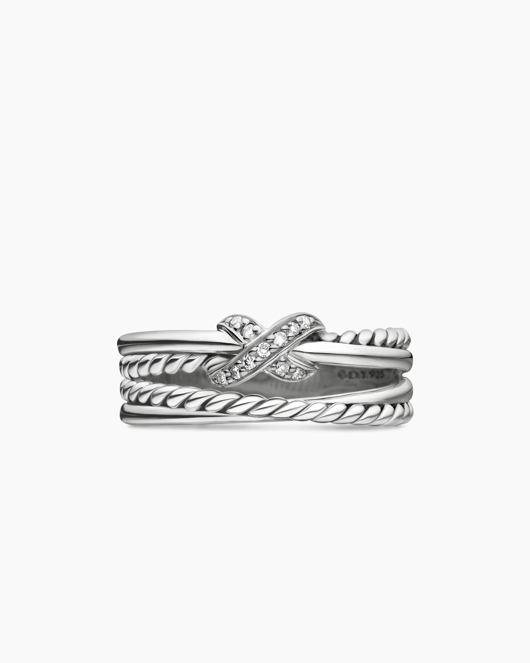 X Crossover Band Ring in Sterling Silver with Diamonds, 6mm 4 X Crossover Band Ring in Sterling Silver with Diamonds, 6mm