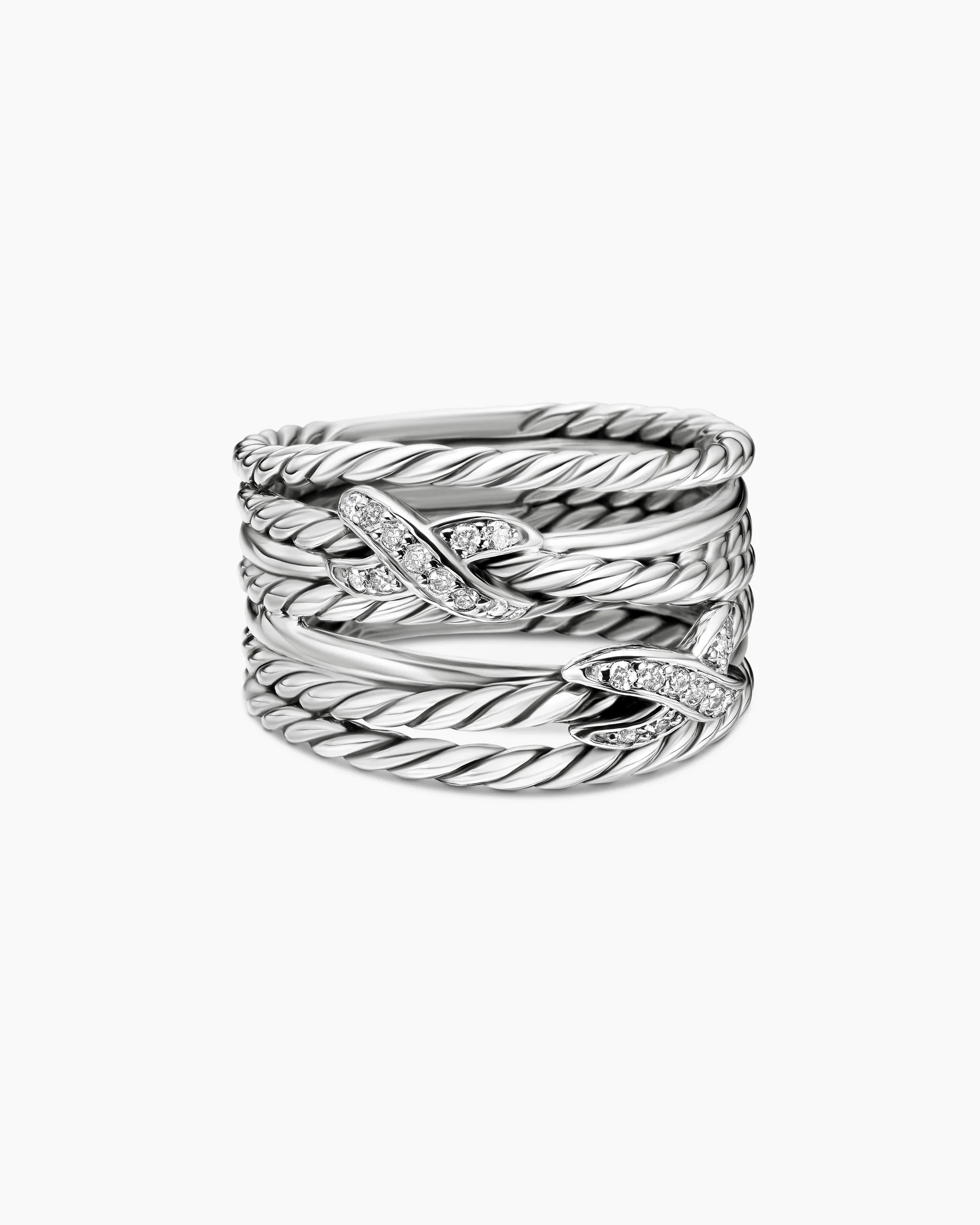 Double X Crossover Ring in Sterling Silver with Diamonds, 13mm