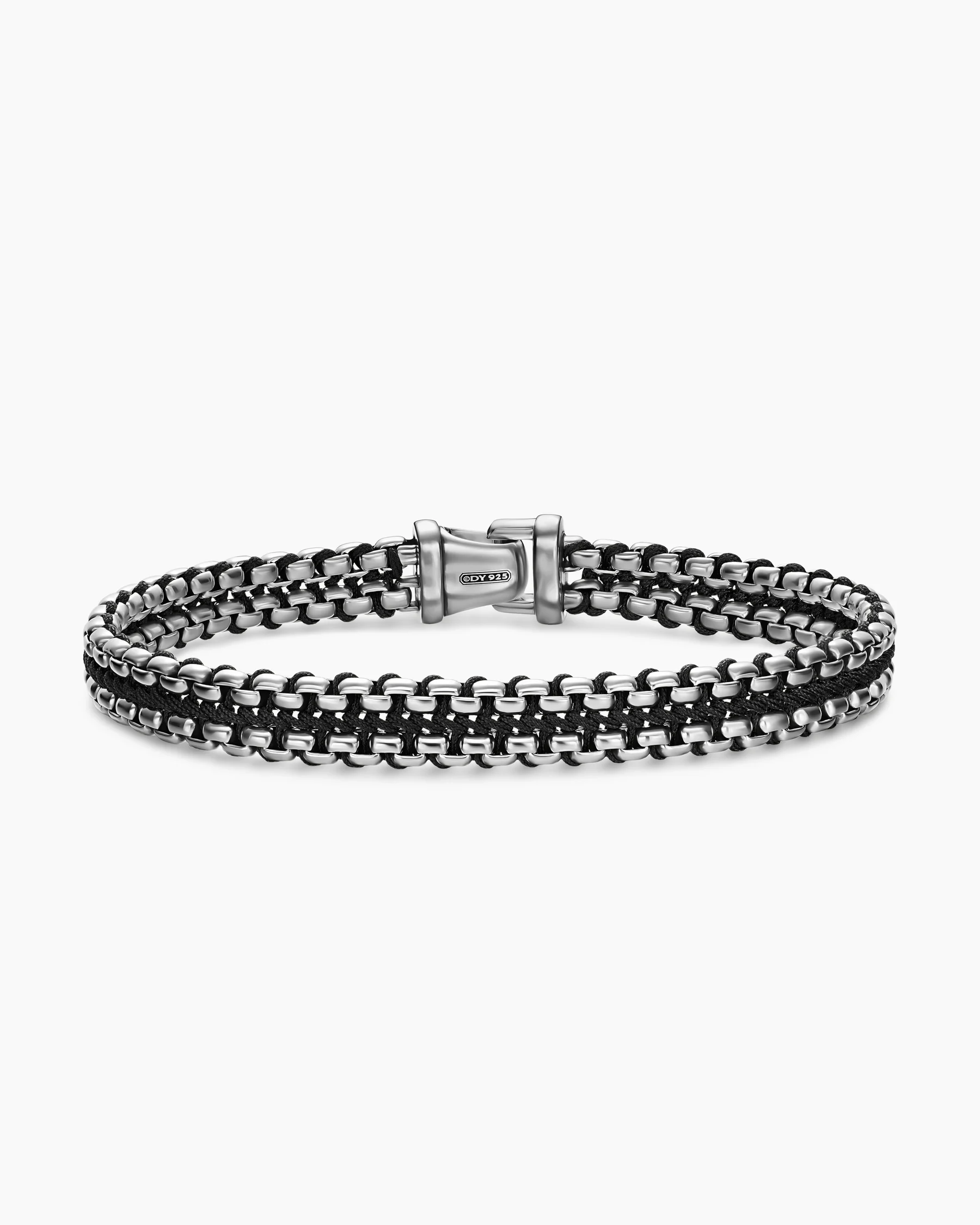 Woven Box Chain Bracelet in Sterling Silver with Black Stainless Steel and Black Nylon, 10mm