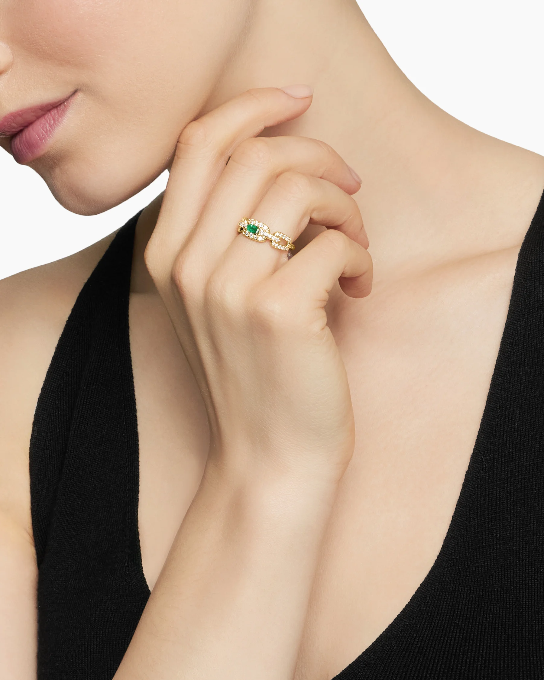 Stax Chain Link Stone Ring in 18K Yellow Gold with Diamonds and Emerald, 7mm 2 Stax Chain Link Stone Ring in 18K Yellow Gold with Diamonds and Emerald, 7mm