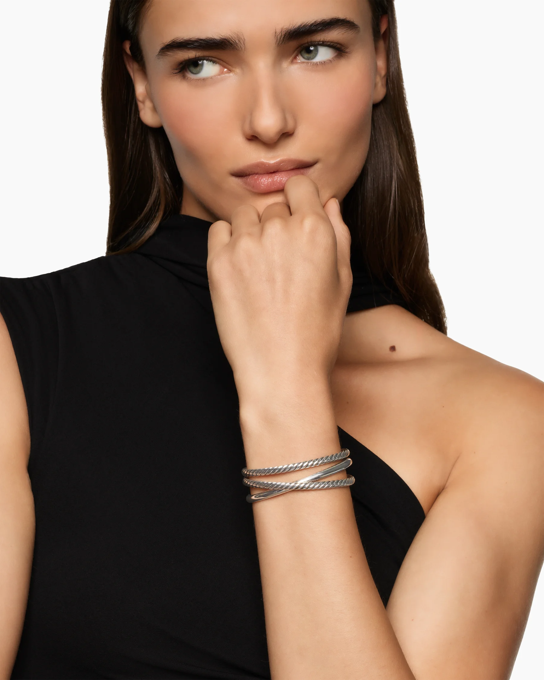 Bold Crossover Three Row Cuff Bracelet in Sterling Silver with 14K Yellow Gold, 19mm