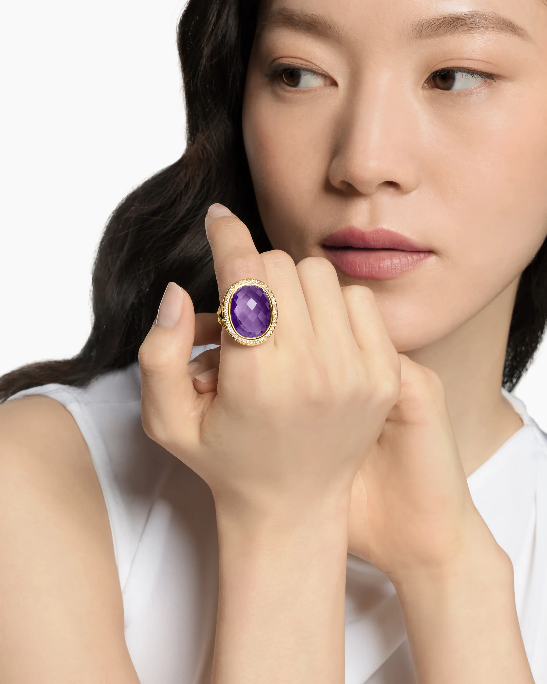 Albion® Oval Ring in 18K Yellow Gold with Amethyst and Diamonds, 21mm