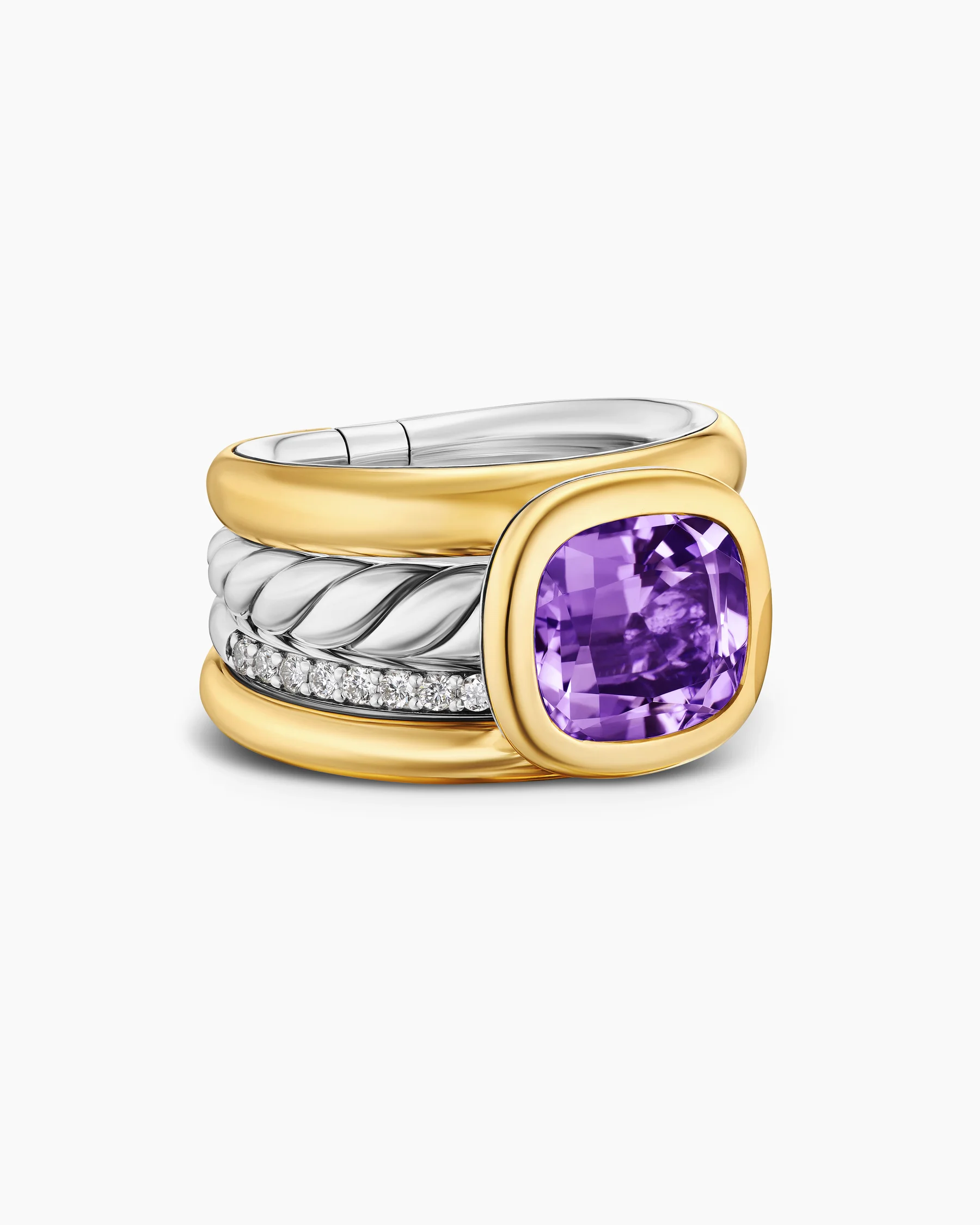 DY Mercer® Color Four Row Stone Ring in Sterling Silver with 18K Yellow Gold, Amethyst and Diamonds, 14mm 1 DY Mercer® Color Four Row Stone Ring in Sterling Silver with 18K Yellow Gold, Amethyst and Diamonds, 14mm