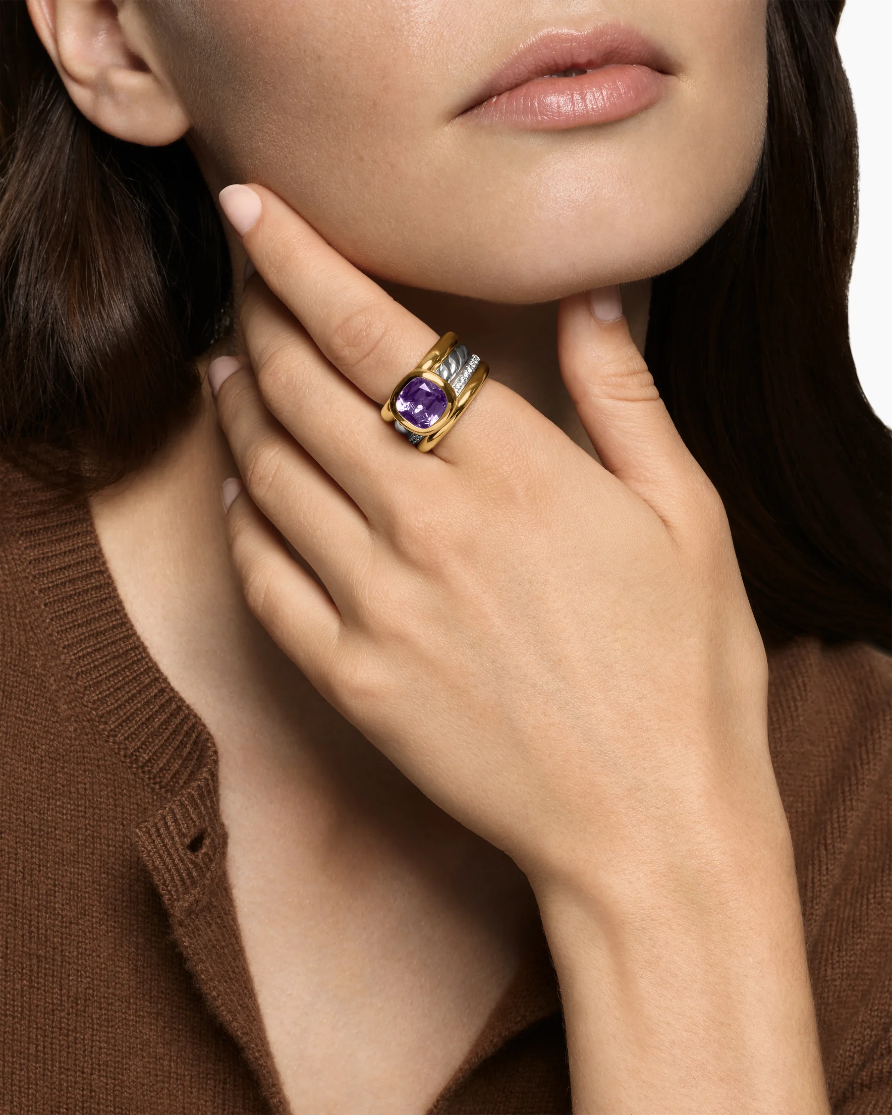 DY Mercer® Color Four Row Stone Ring in Sterling Silver with 18K Yellow Gold, Amethyst and Diamonds, 14mm 2 DY Mercer® Color Four Row Stone Ring in Sterling Silver with 18K Yellow Gold, Amethyst and Diamonds, 14mm