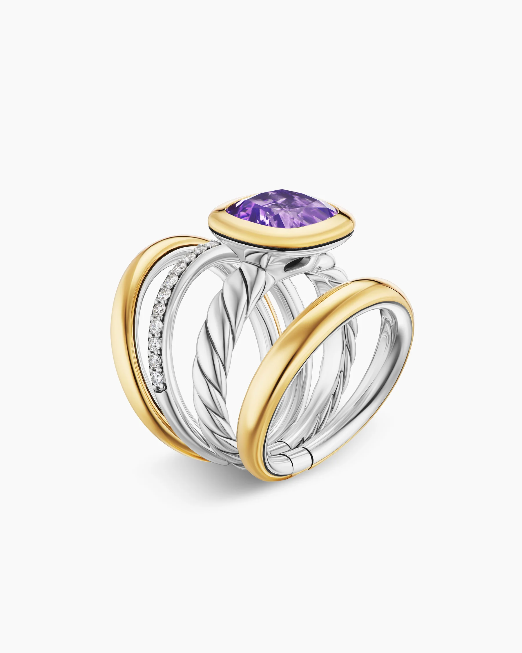 DY Mercer® Color Four Row Stone Ring in Sterling Silver with 18K Yellow Gold, Amethyst and Diamonds, 14mm 3 DY Mercer® Color Four Row Stone Ring in Sterling Silver with 18K Yellow Gold, Amethyst and Diamonds, 14mm